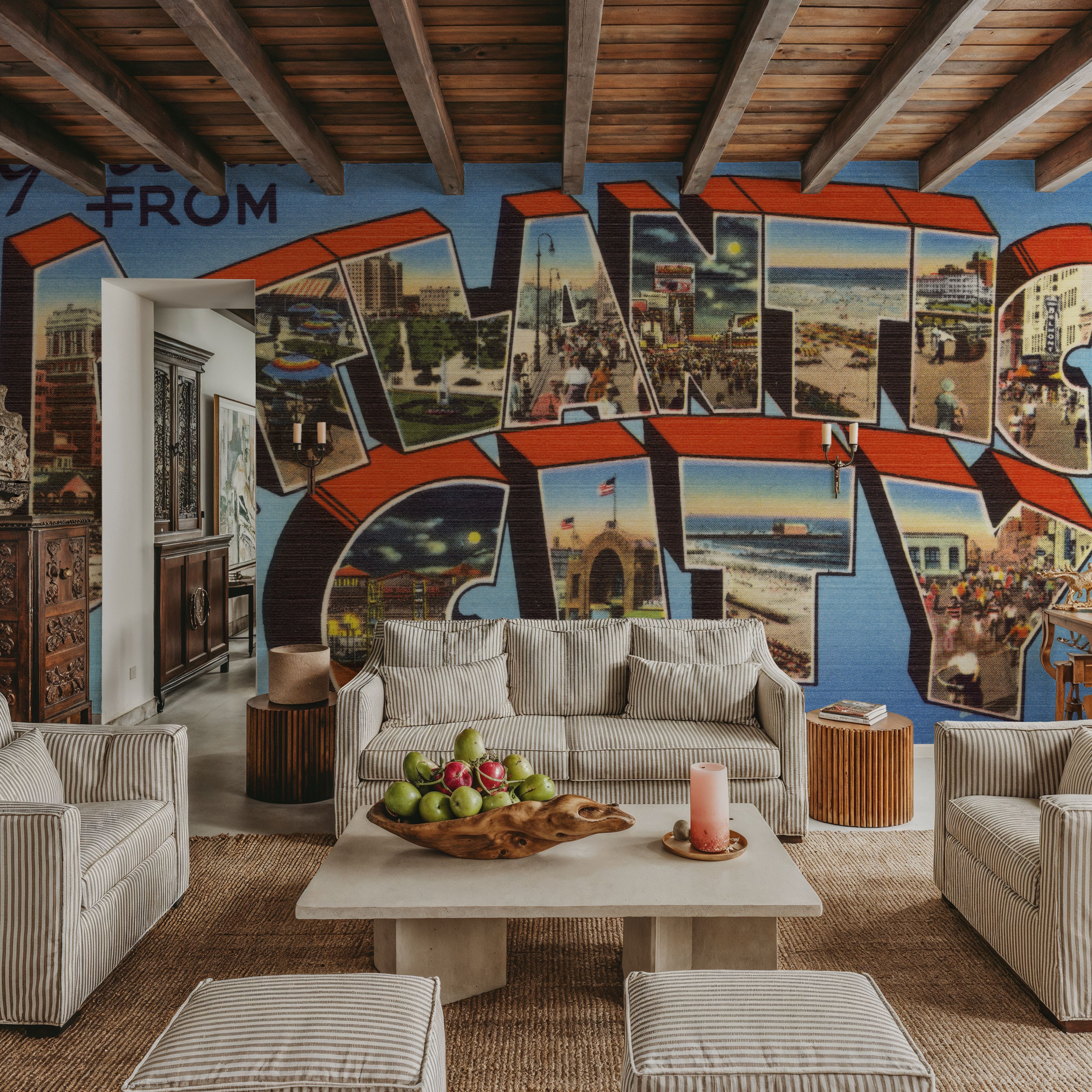 Wall Mural - Greetings from Atlantic City - Screenprint Postcard - Holiday Travel & Landmarks mural wallpaper - Bedroom - Wallism US