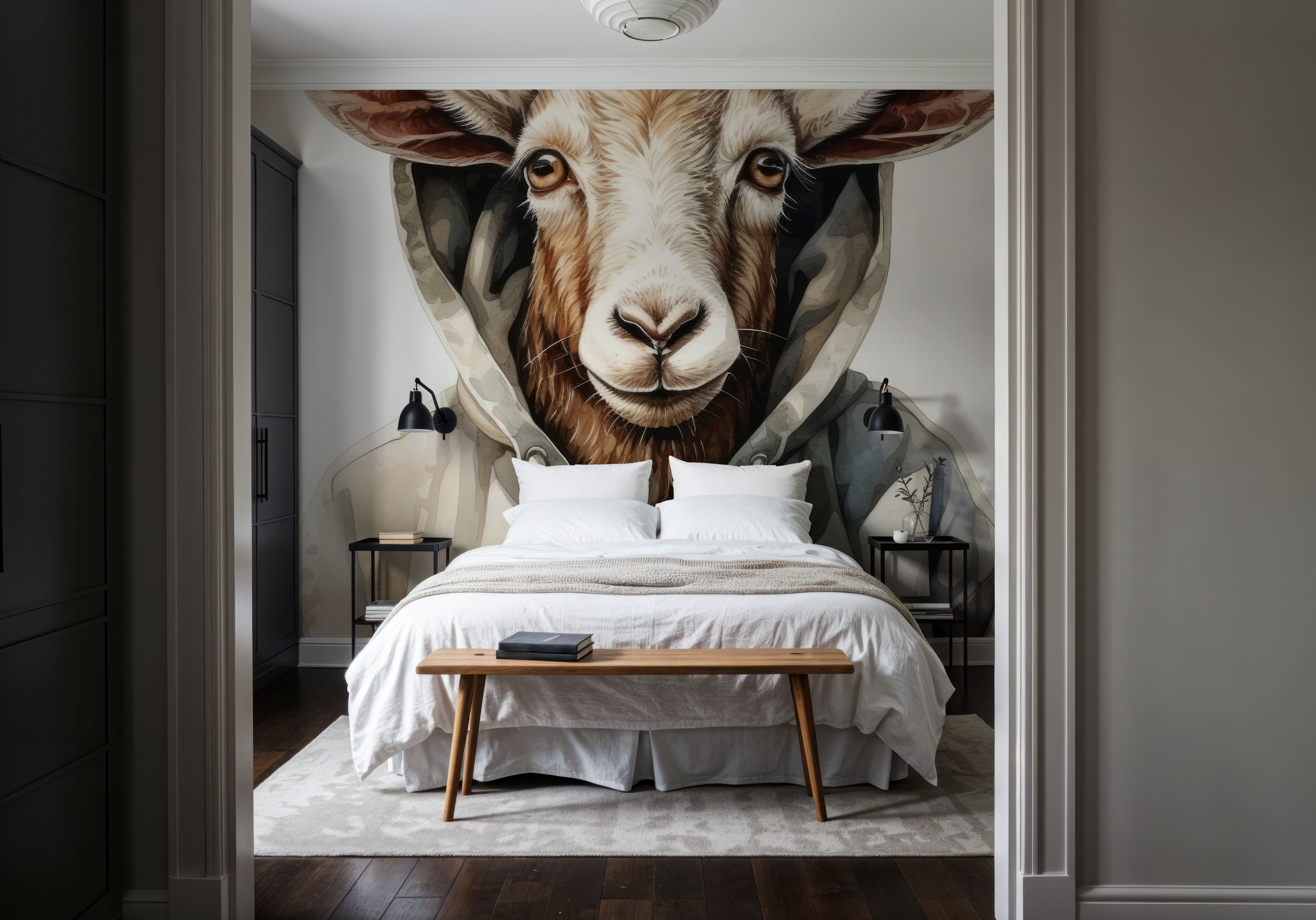 Watercolor Cartoon Goat in a Hoodie, Wallpaper