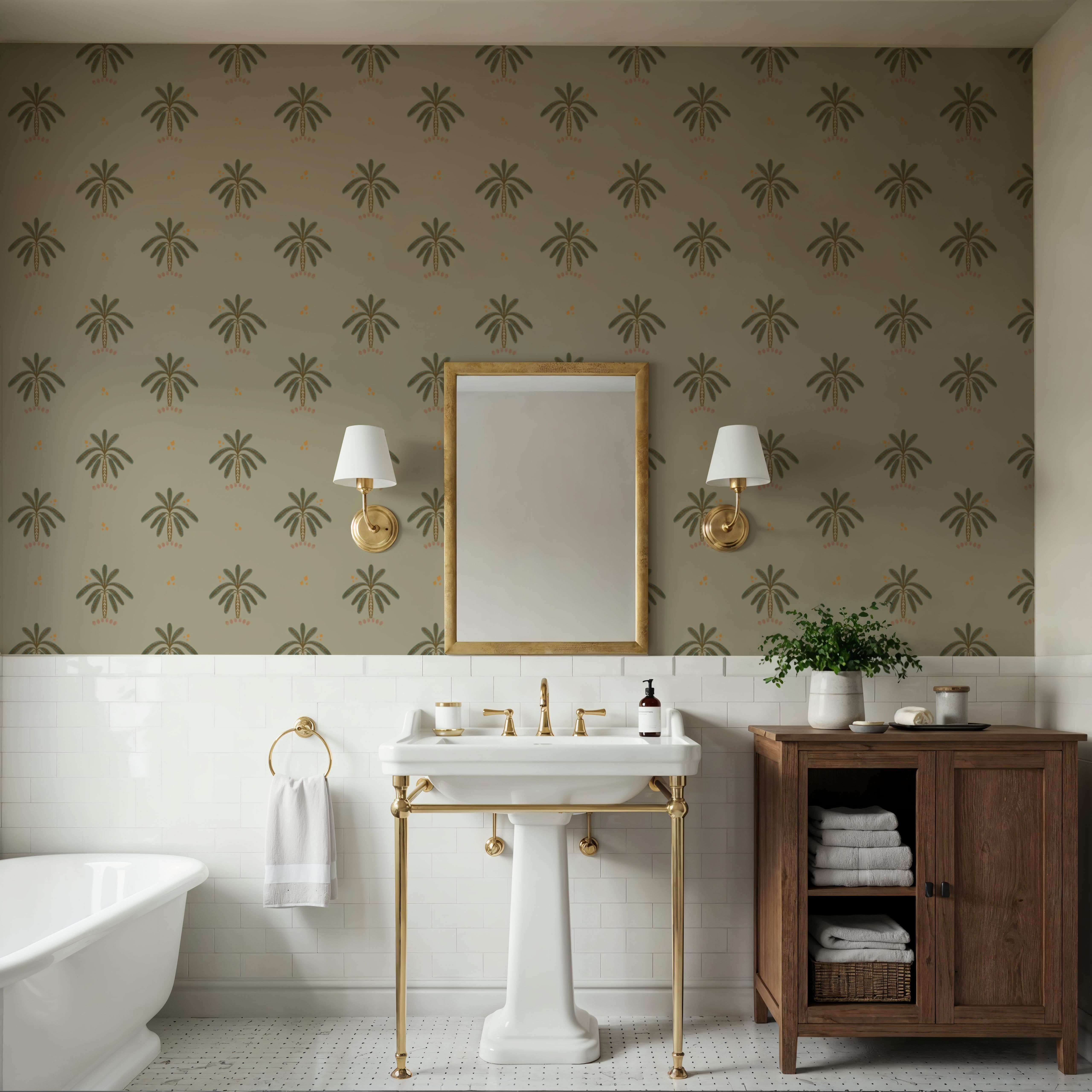 Boho Palms-Cave, Pistachio, Papier peint
