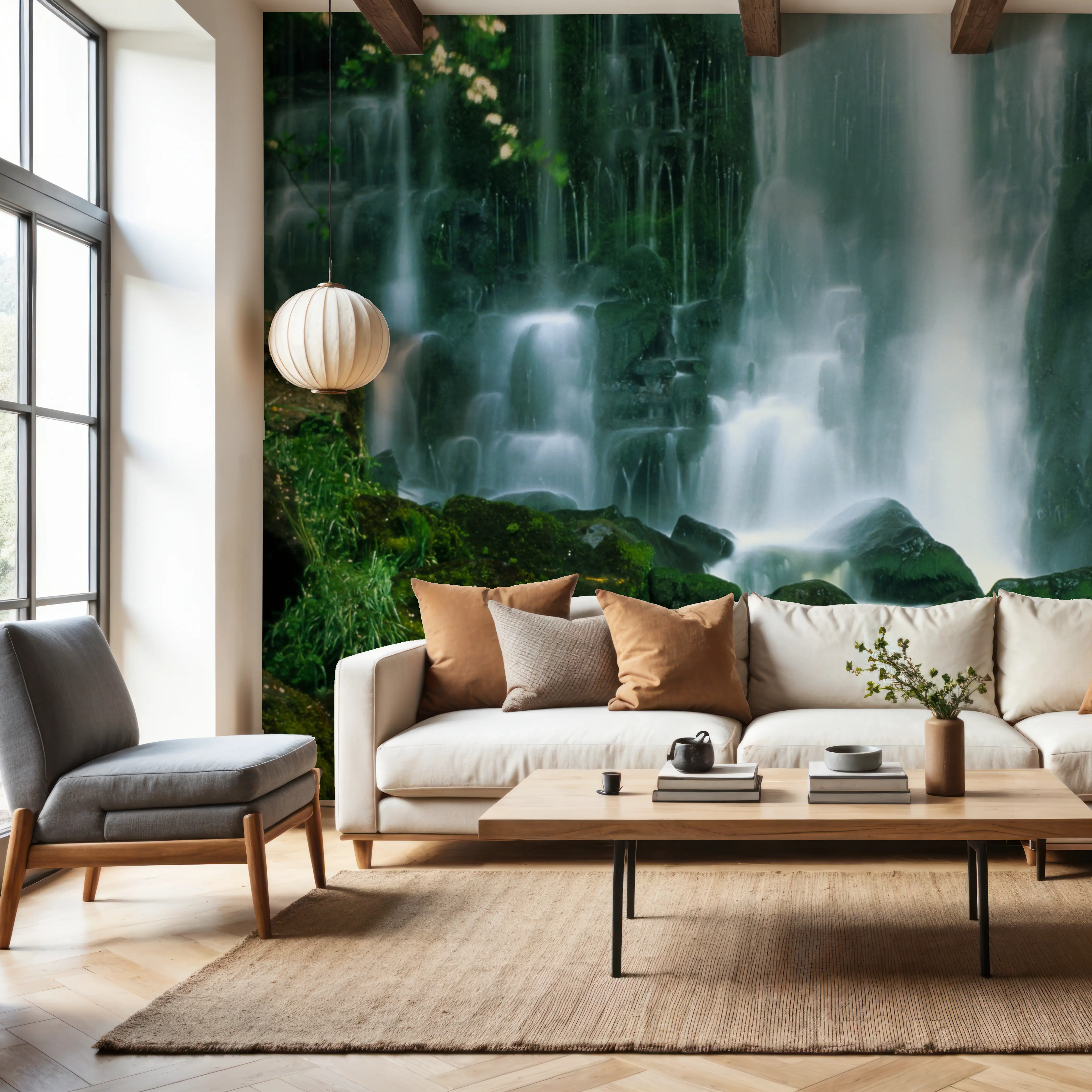 Fotobehang - Emerald Cascade - Bladeren Landschappen Mural - Groen - Woonkamer - Wallism Nederland - Zelfklevend of Vliesbehang