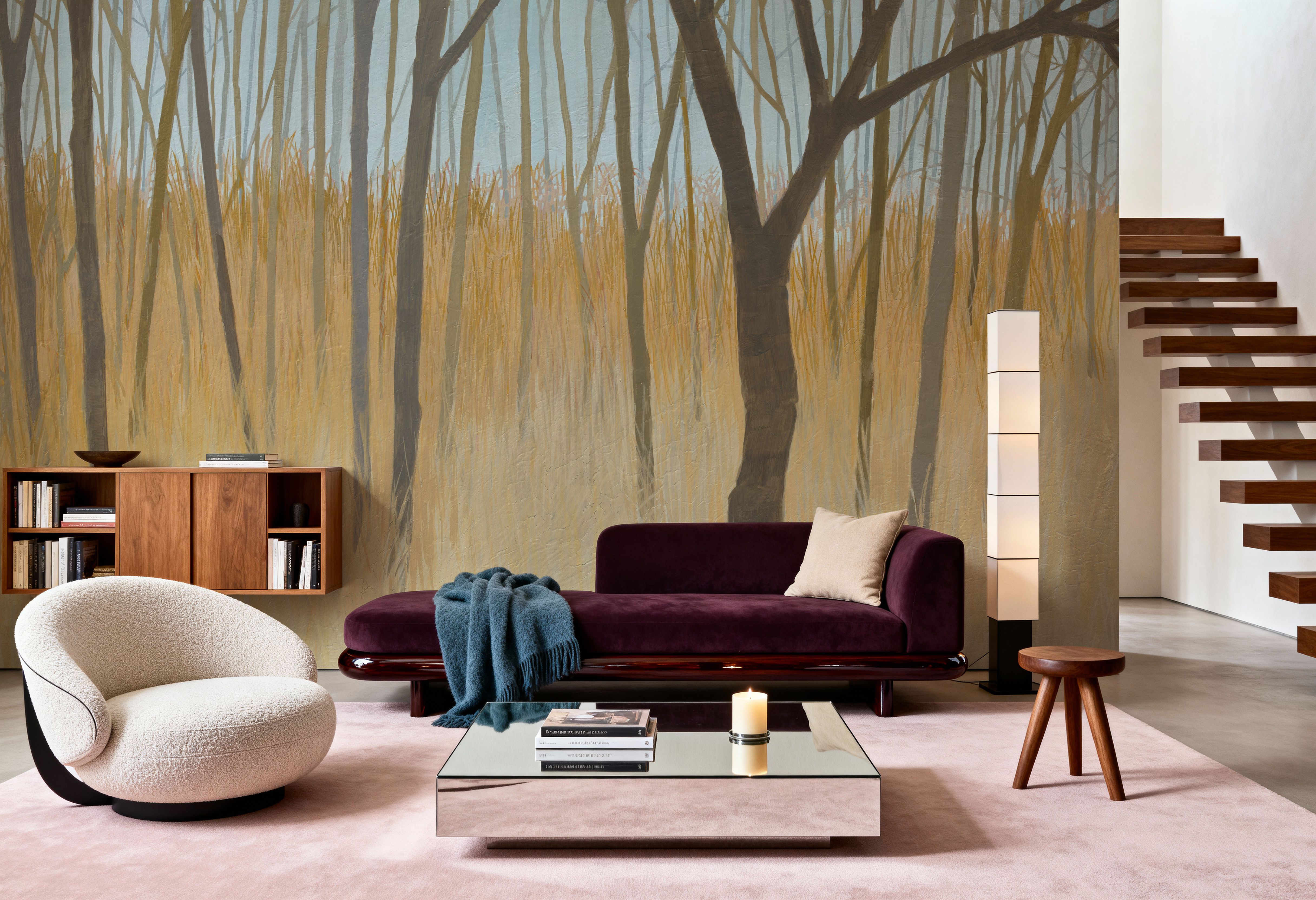 Wall Mural - Misty Woods - Contemporary Nature mural wallpaper - Yellow - Living room - Wallism US - Premium, Textured or Peel & Stick