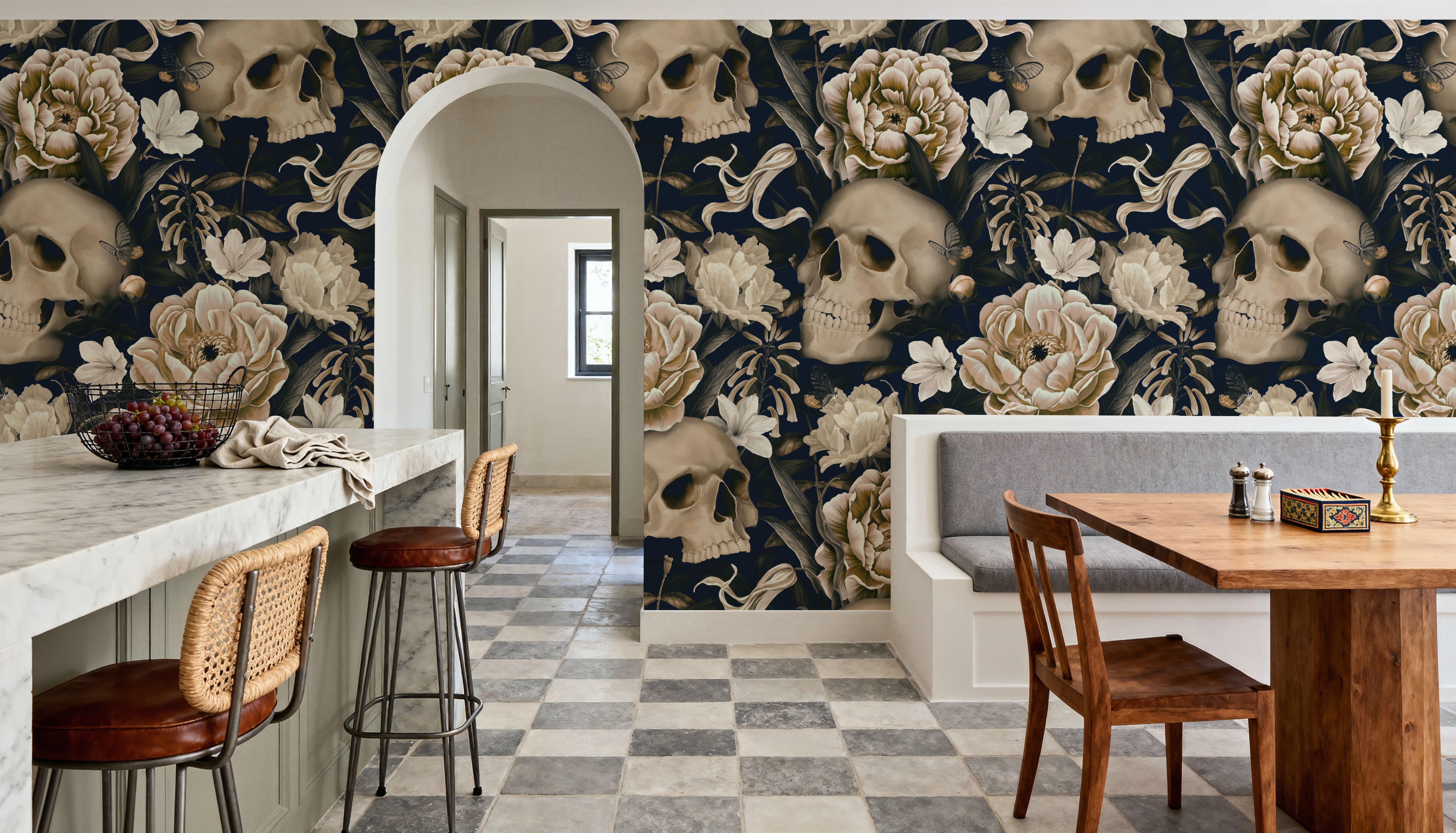 Peonies and Skulls Dark Blue