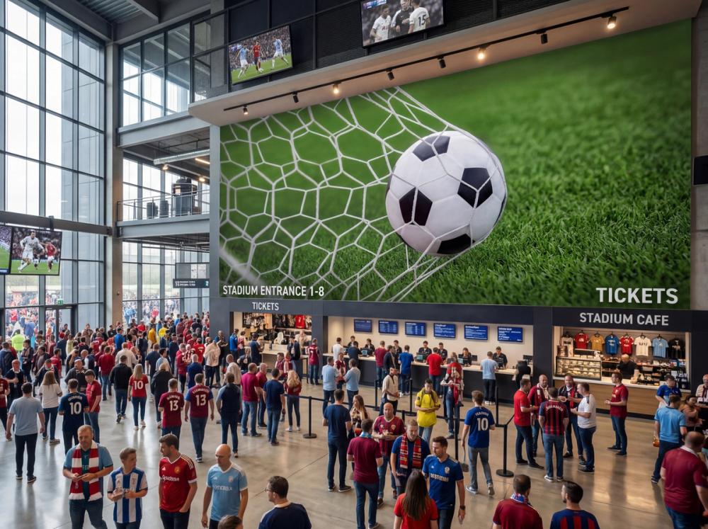 an interior photo of the entrance hall at a soccer stadium with a soccer themed wallpaper mural on the main wall