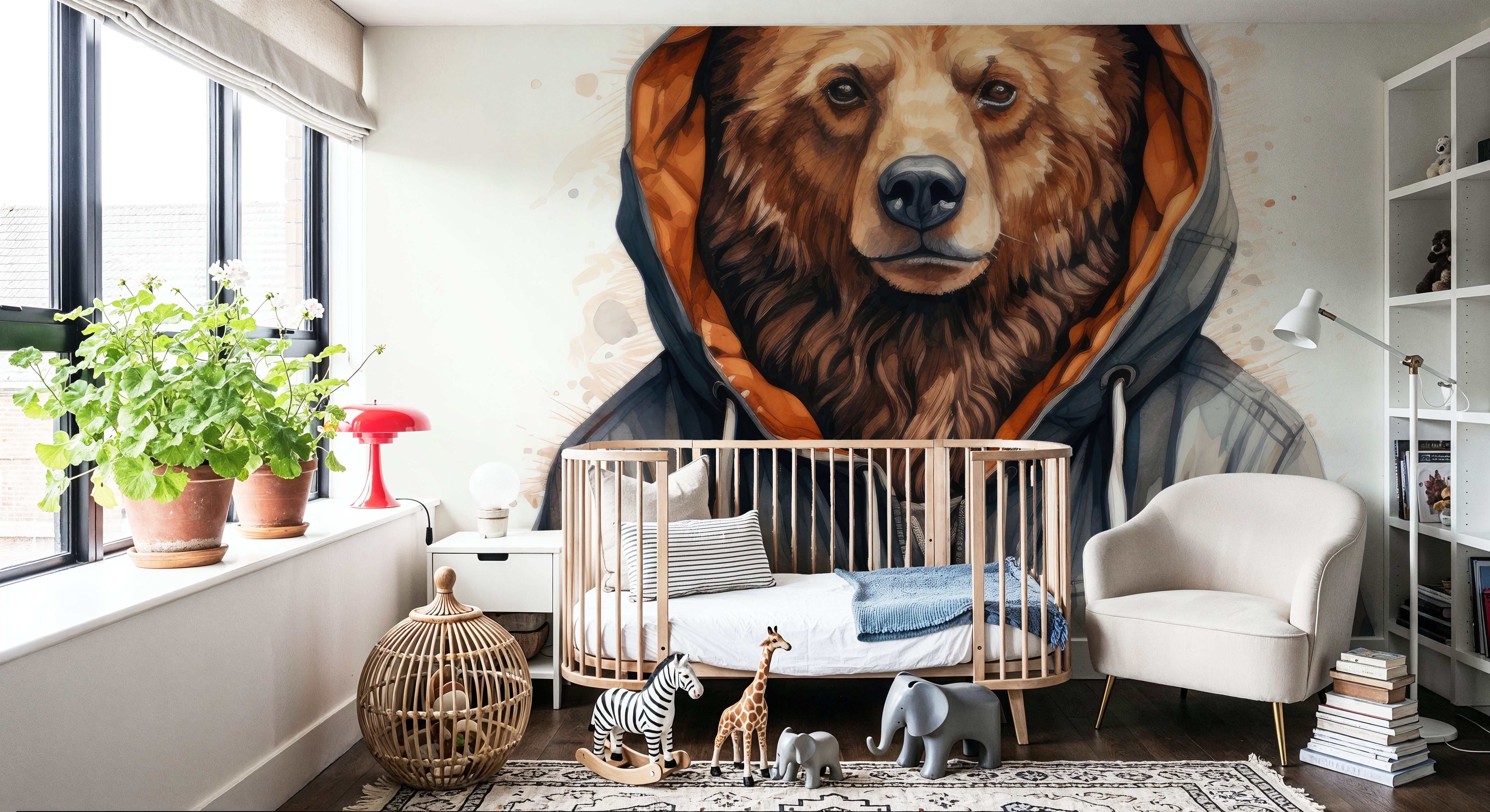 Watercolor Cartoon Grizzly Bear in a Hoodie