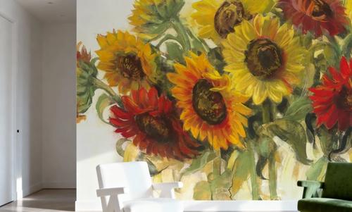 Gathering Sunflowers on White