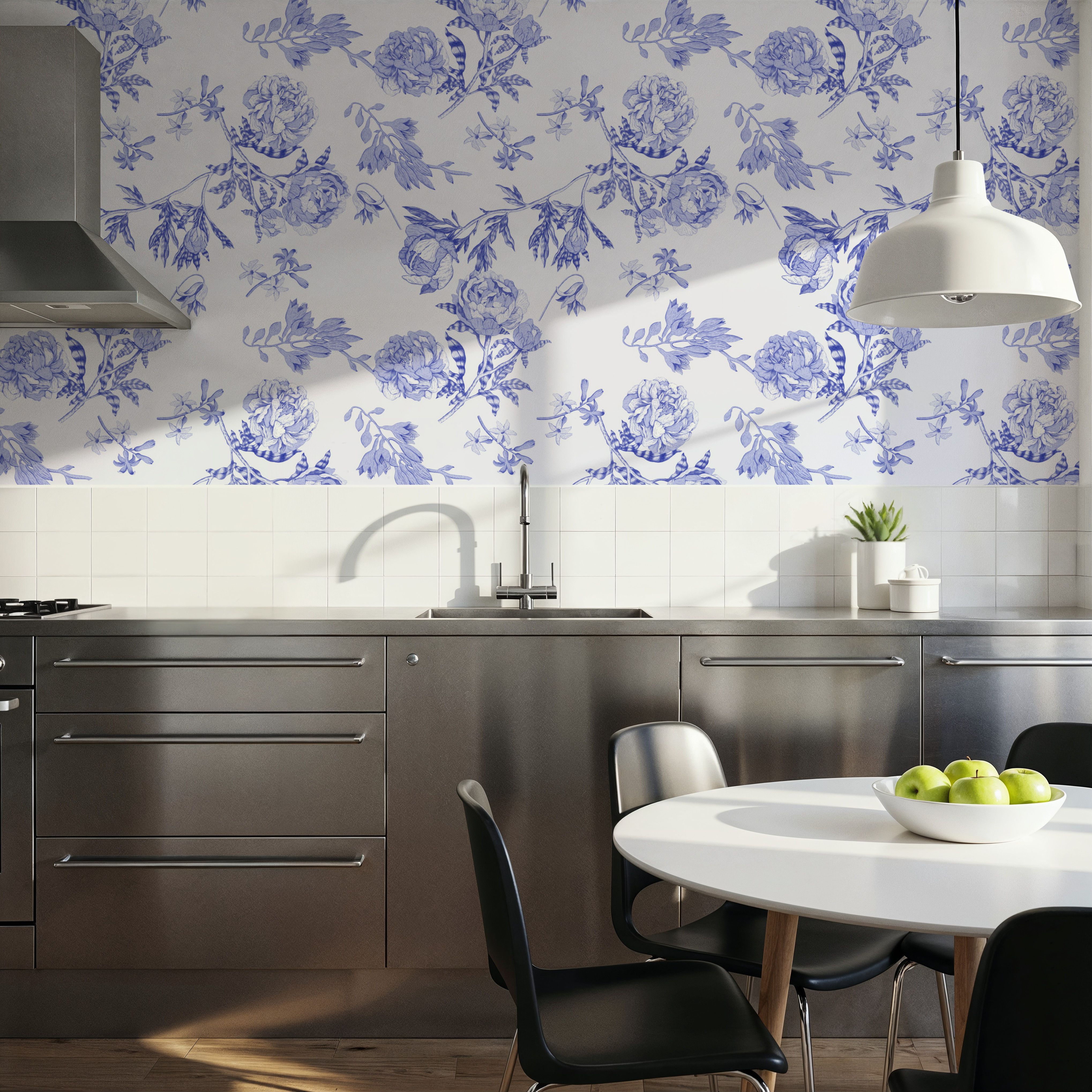 Peony Passion, Blue on White