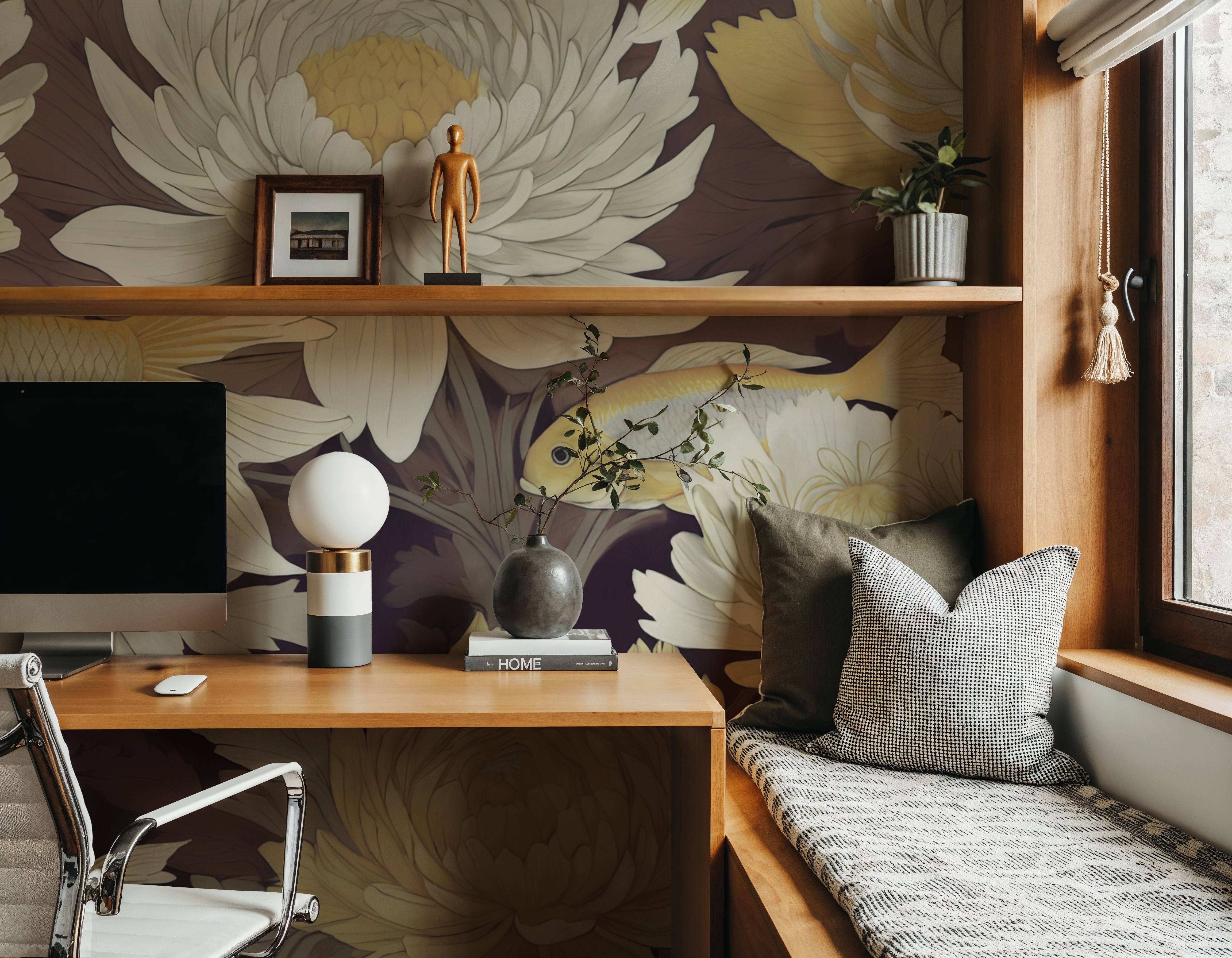 Dancing Fish, Yellow on Brown, Wallpaper