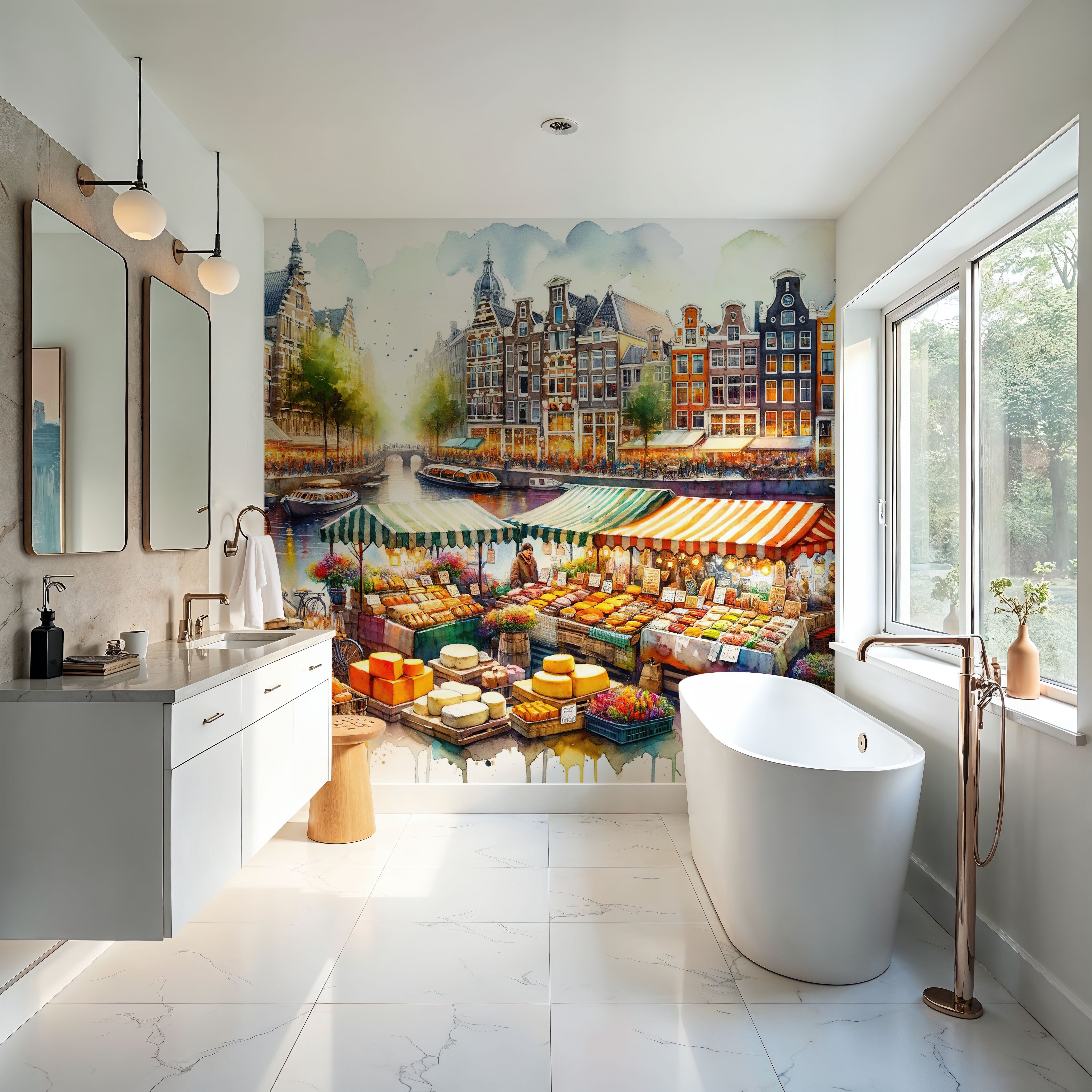 Watercolor Market Scene Dutch Cheeses