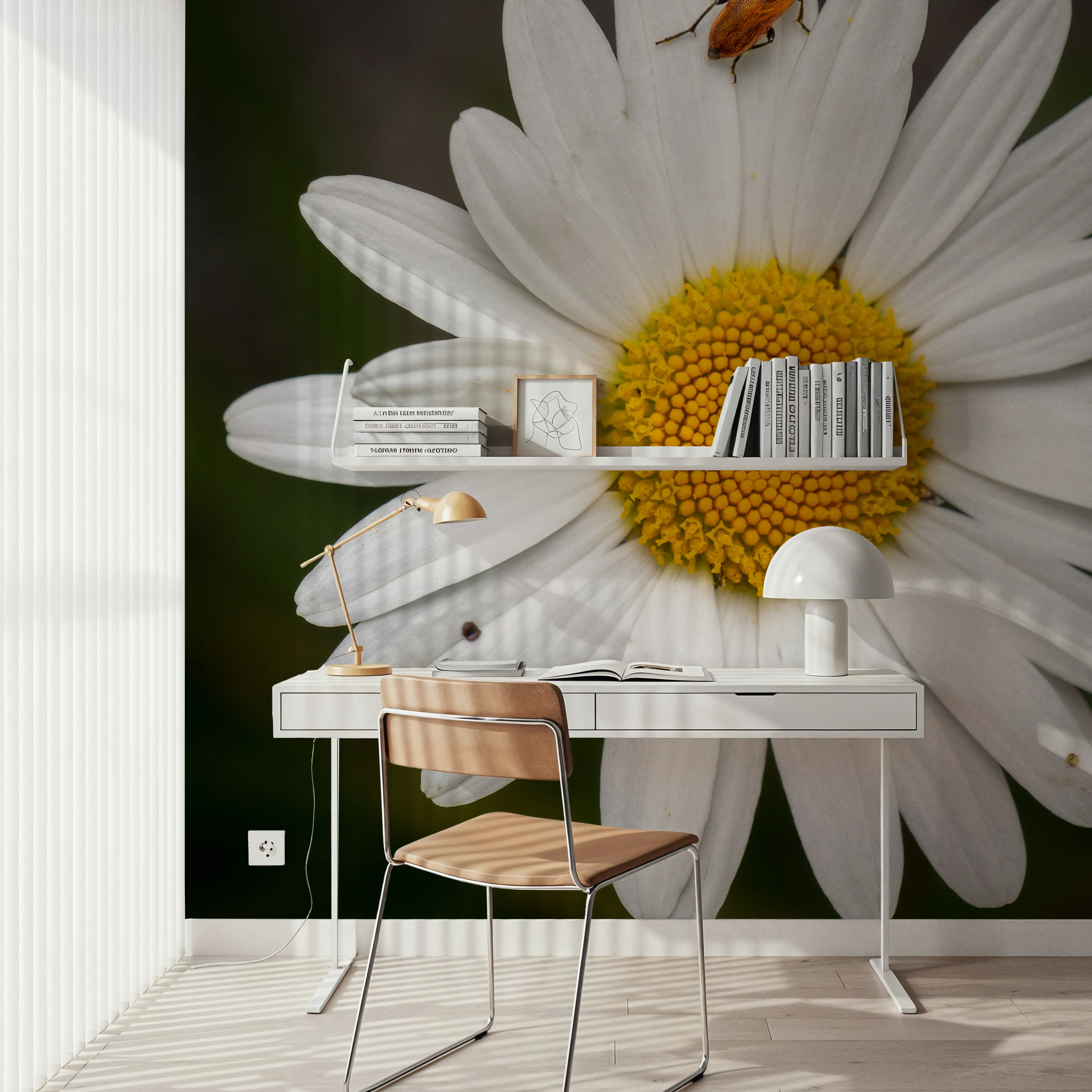 Wall Mural - Daisy Petals - Floral Insects mural wallpaper - White - Hallway staircases - Wallism UK - Peel & Stick or Paste-the-Wall
