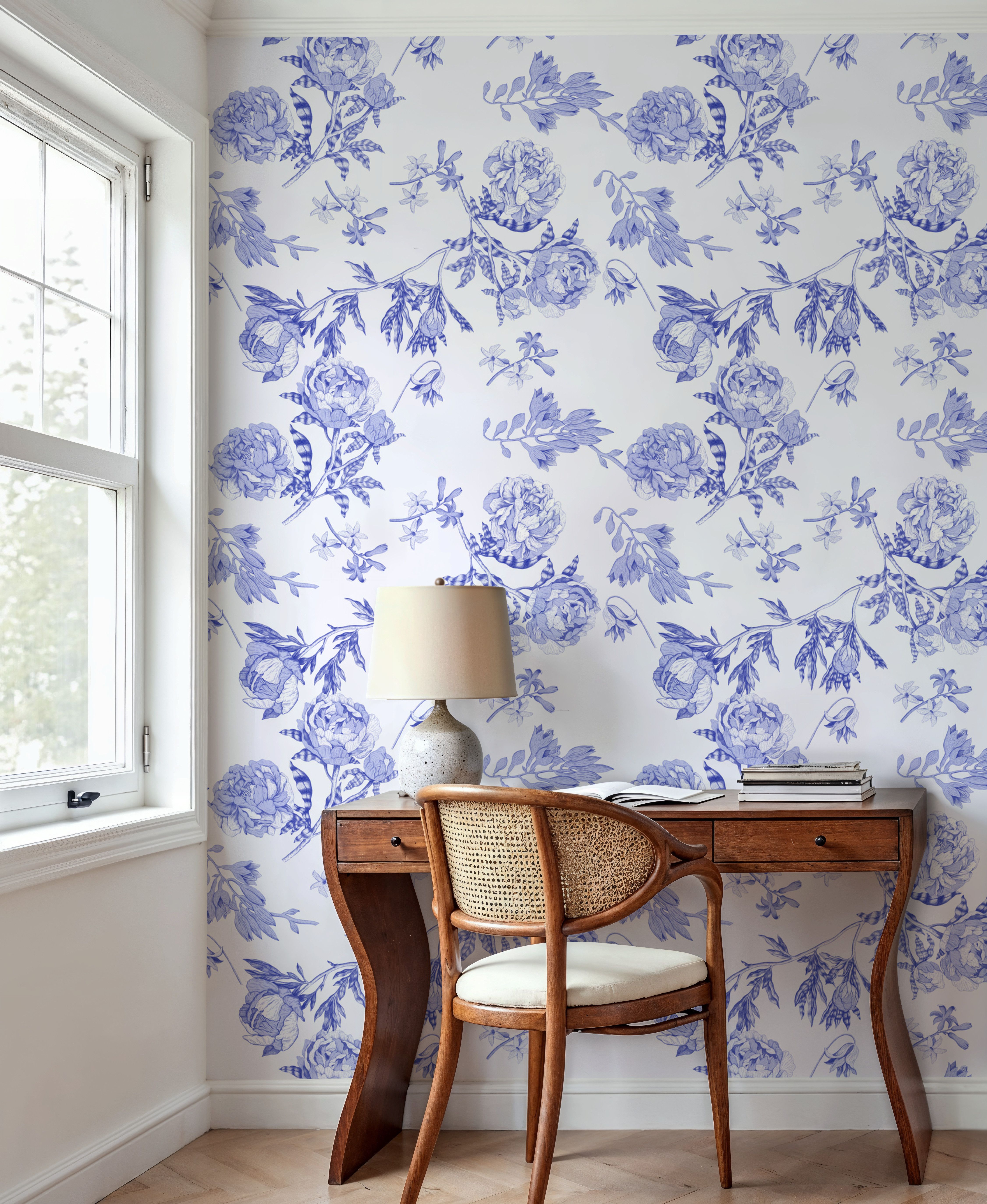 Peony Passion, Blue on White