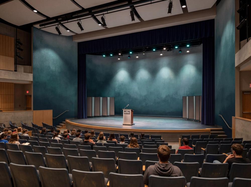 an interior image of a high school auditorium with a teal background wall