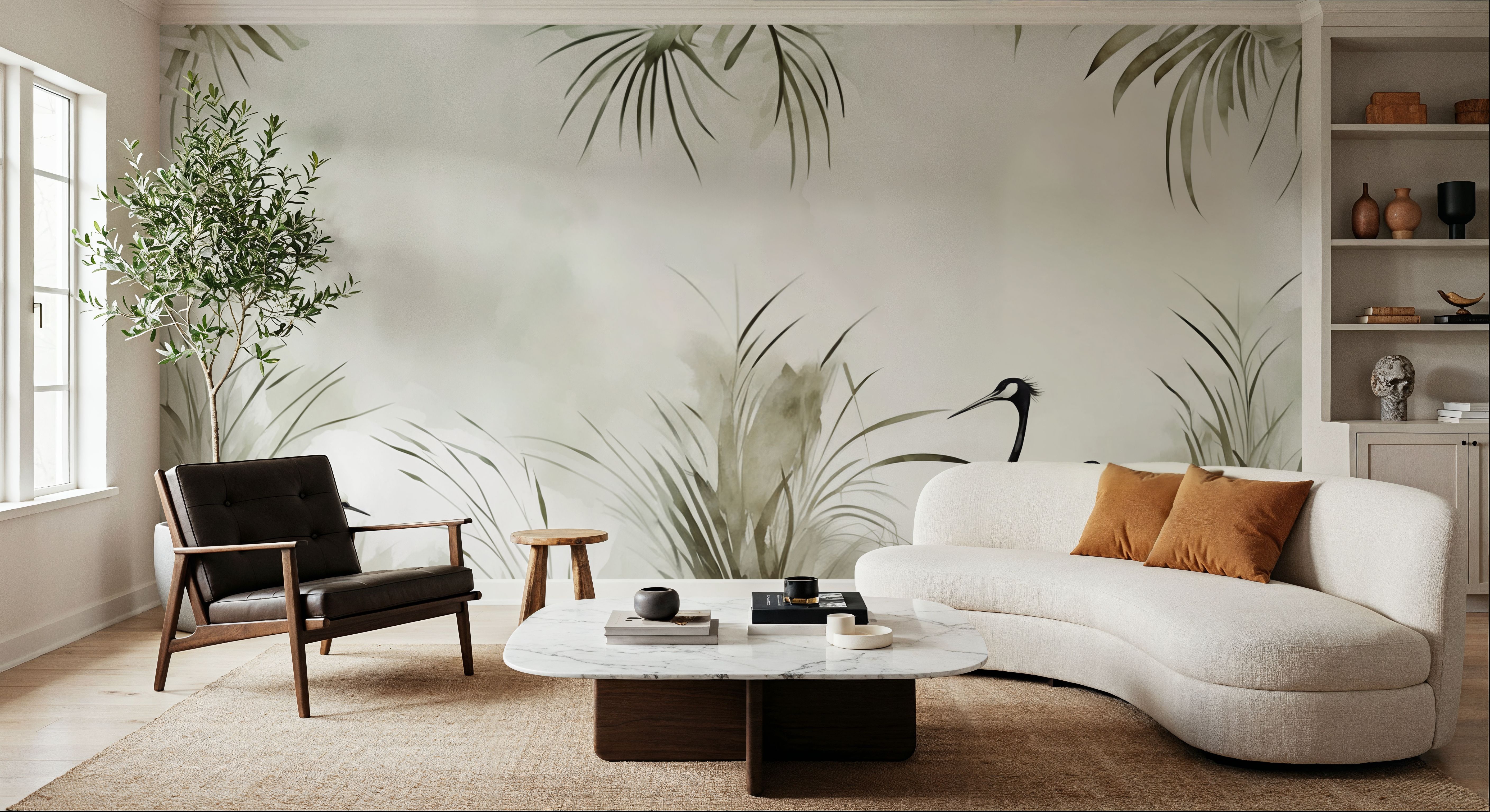 Cranes in a Field Green