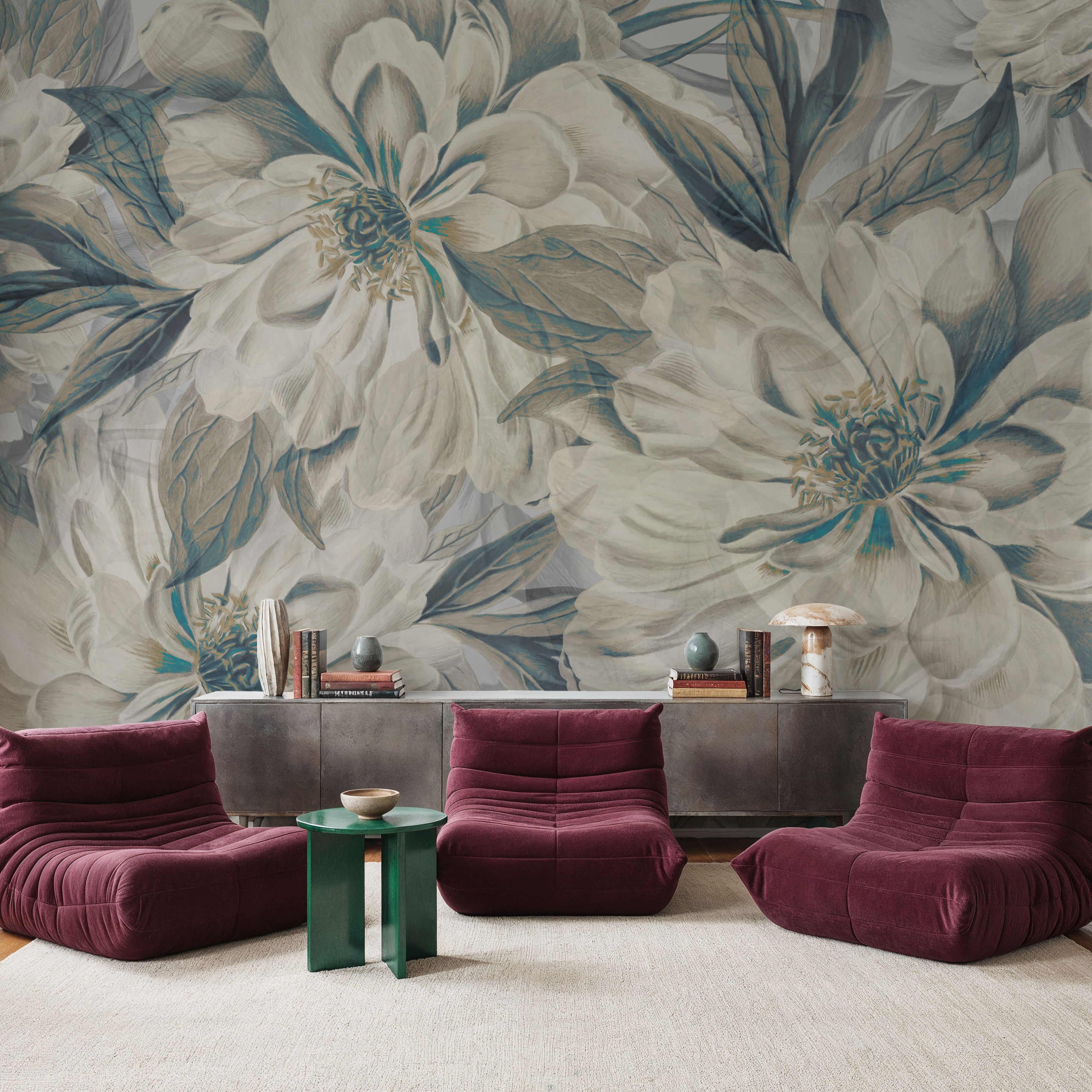 Peony Study - Cream and Teal