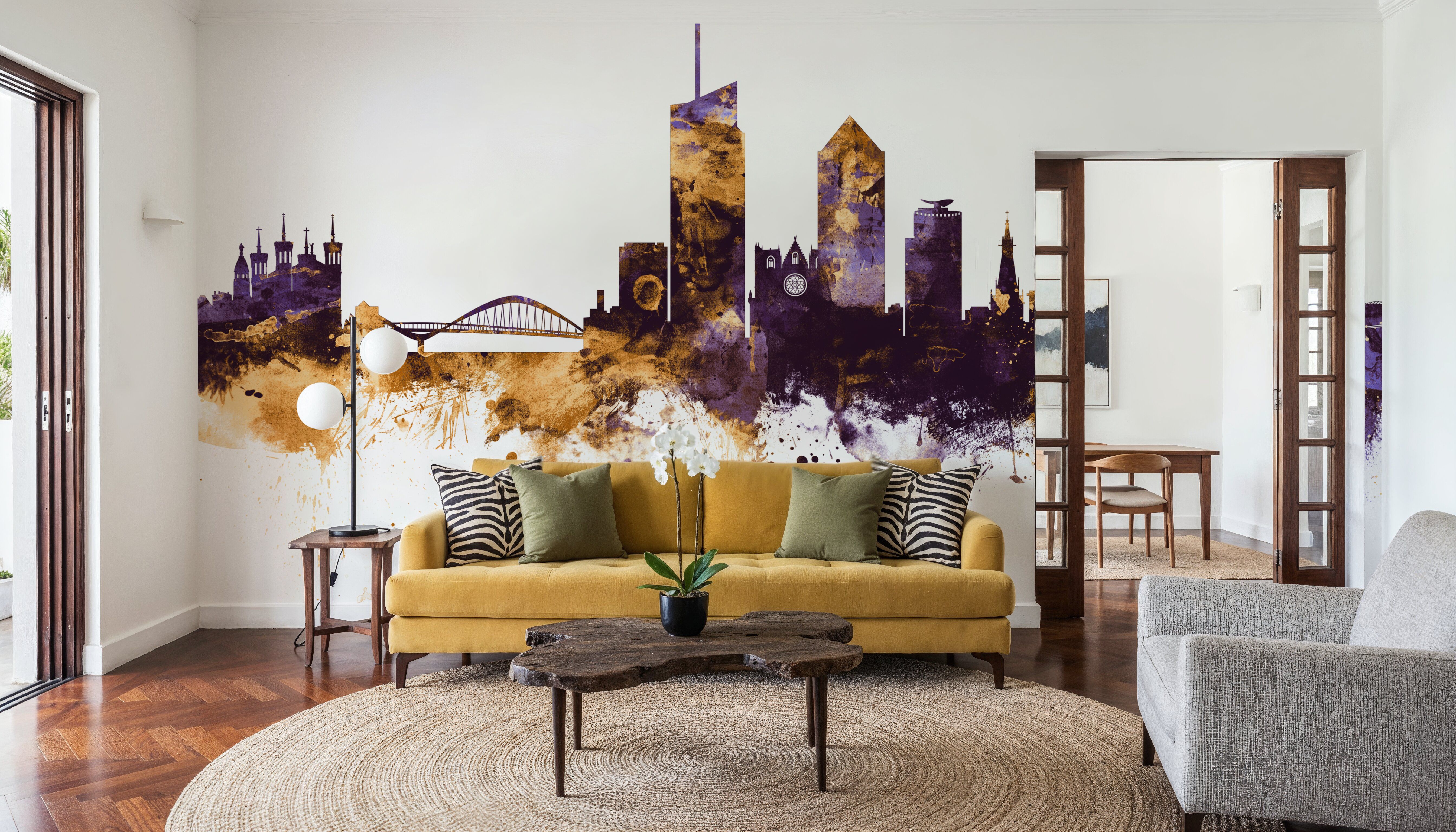 Lyon France Skyline Purlpe & Gold, Wallpaper