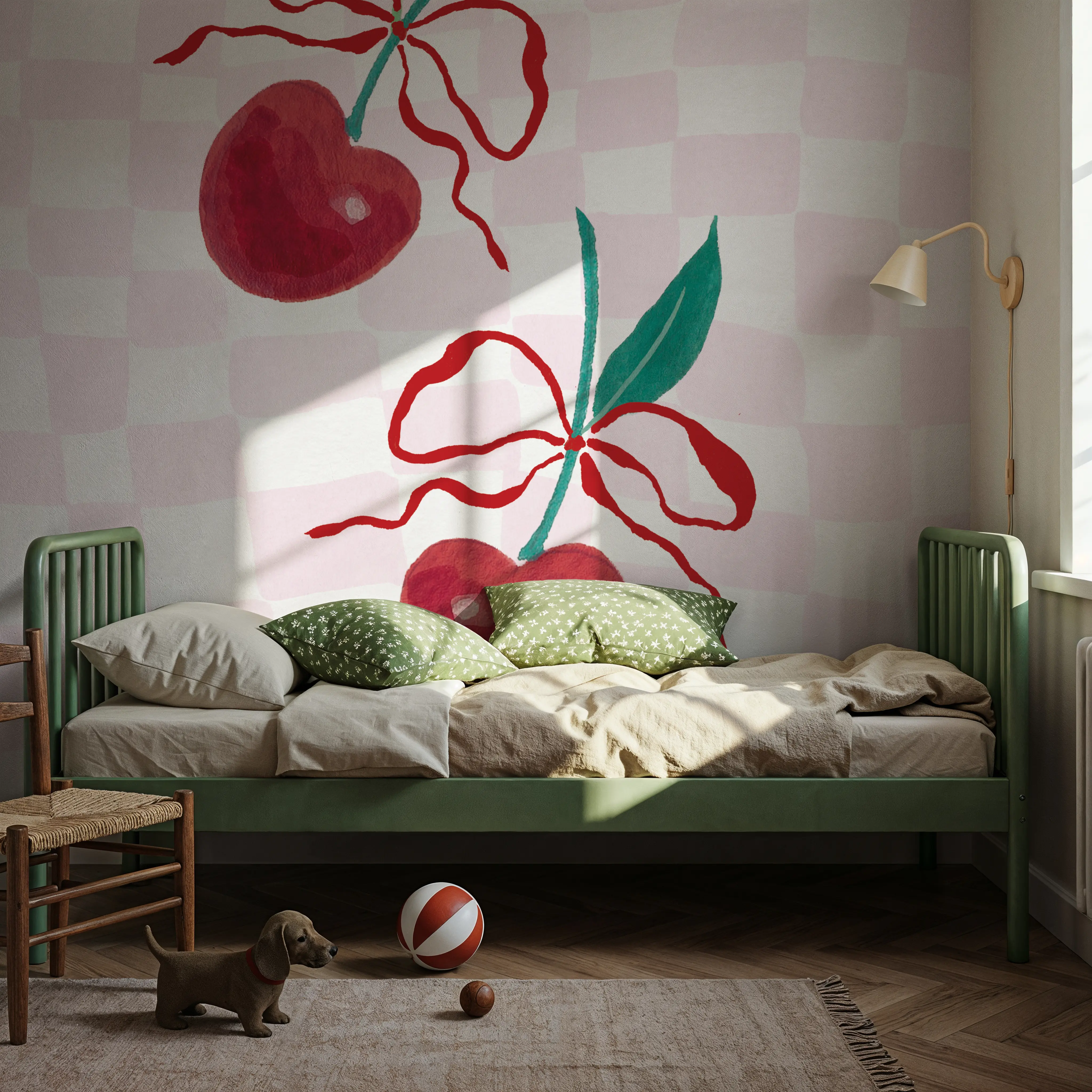 Wall Mural - Sweet Cherry II - Food & Drink Nature mural wallpaper - Pink - Kids' Room - Wallism UK - Peel & Stick or Paste-the-Wall