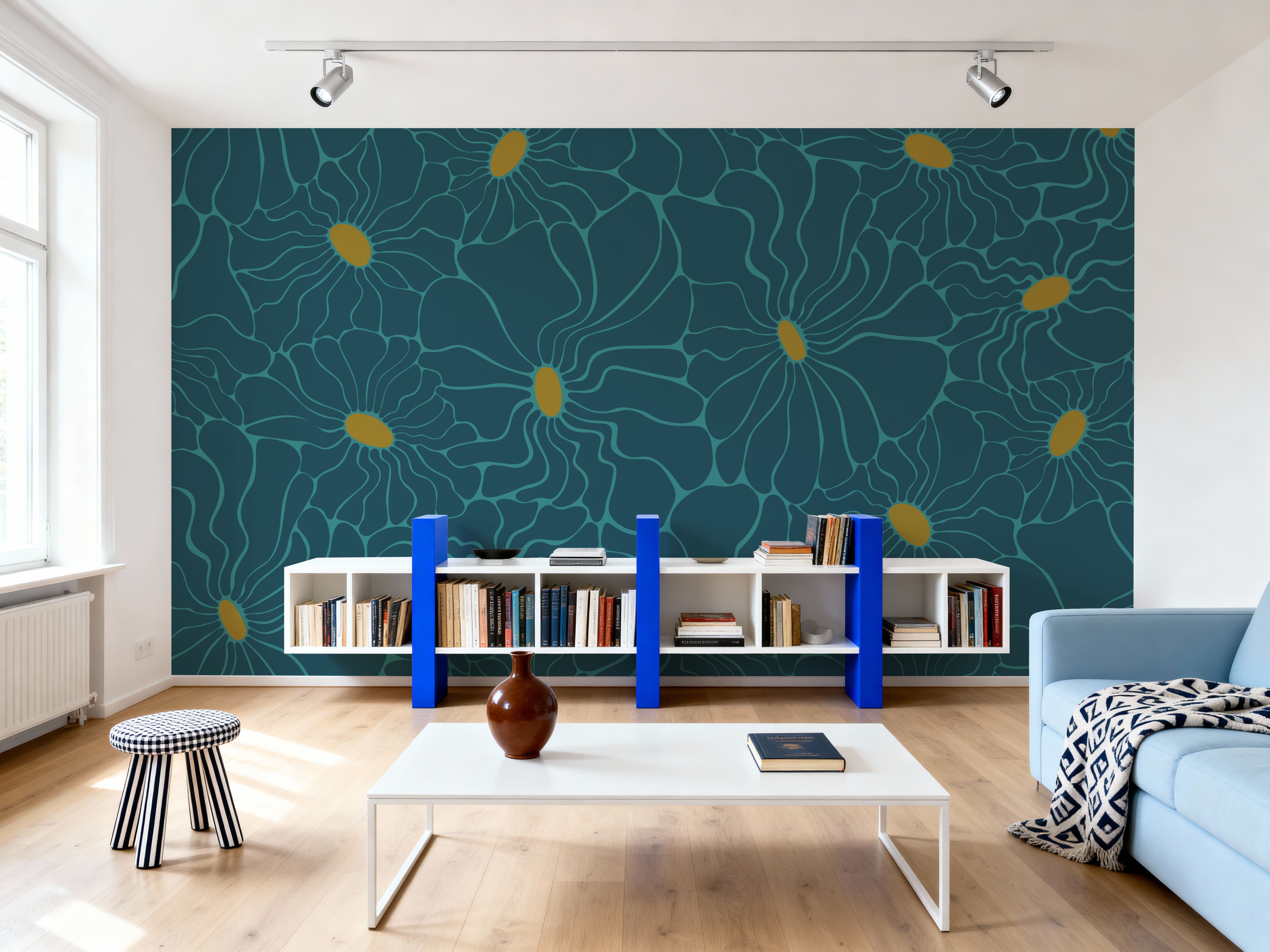 Cool Fluid Flowers Mural, Teal