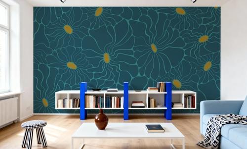 Cool Fluid Flowers Mural, Teal