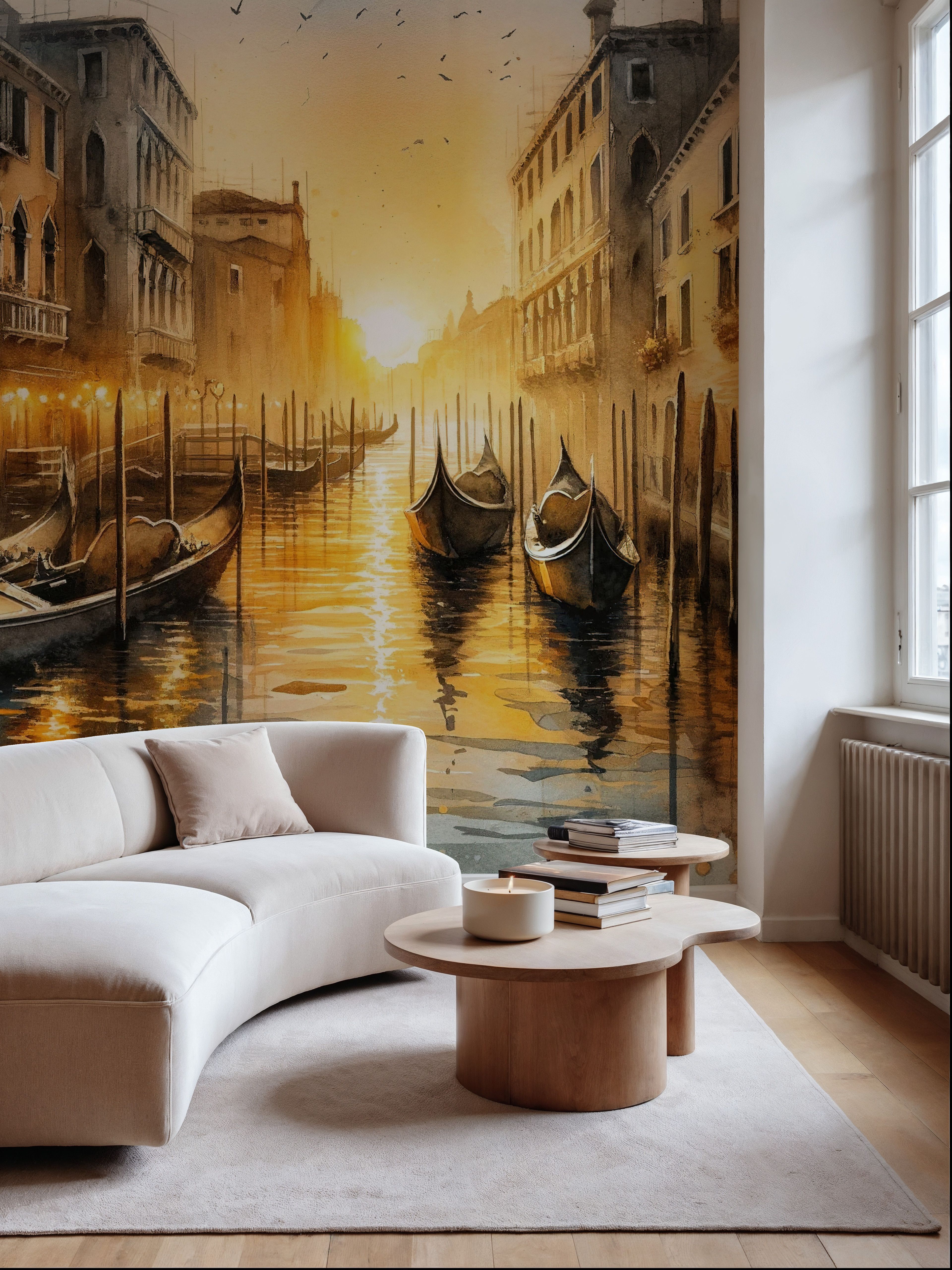 Sunset Over Venetian Canals with Gondolas