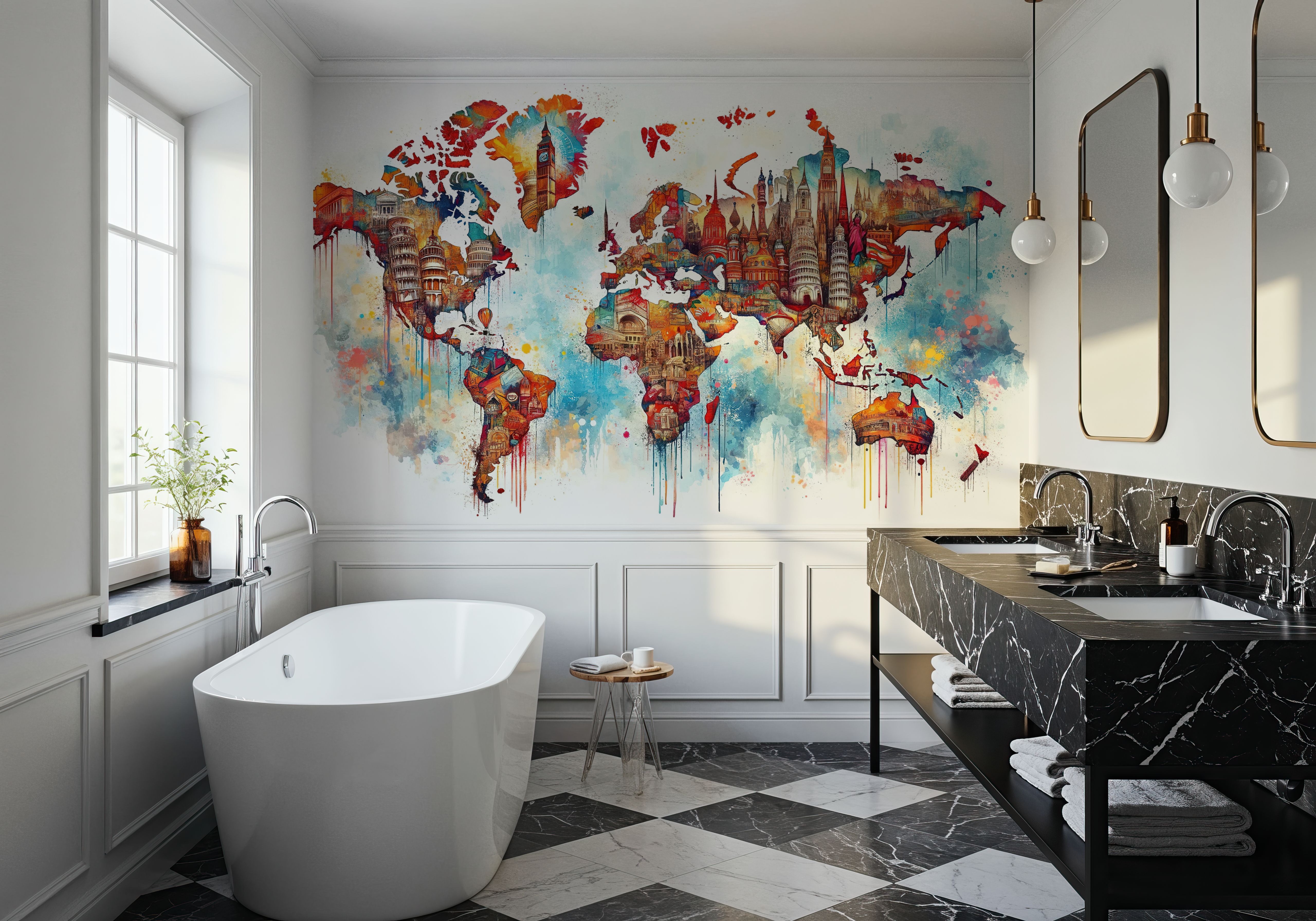 Watercolor World Map Landmarks, Wallpaper