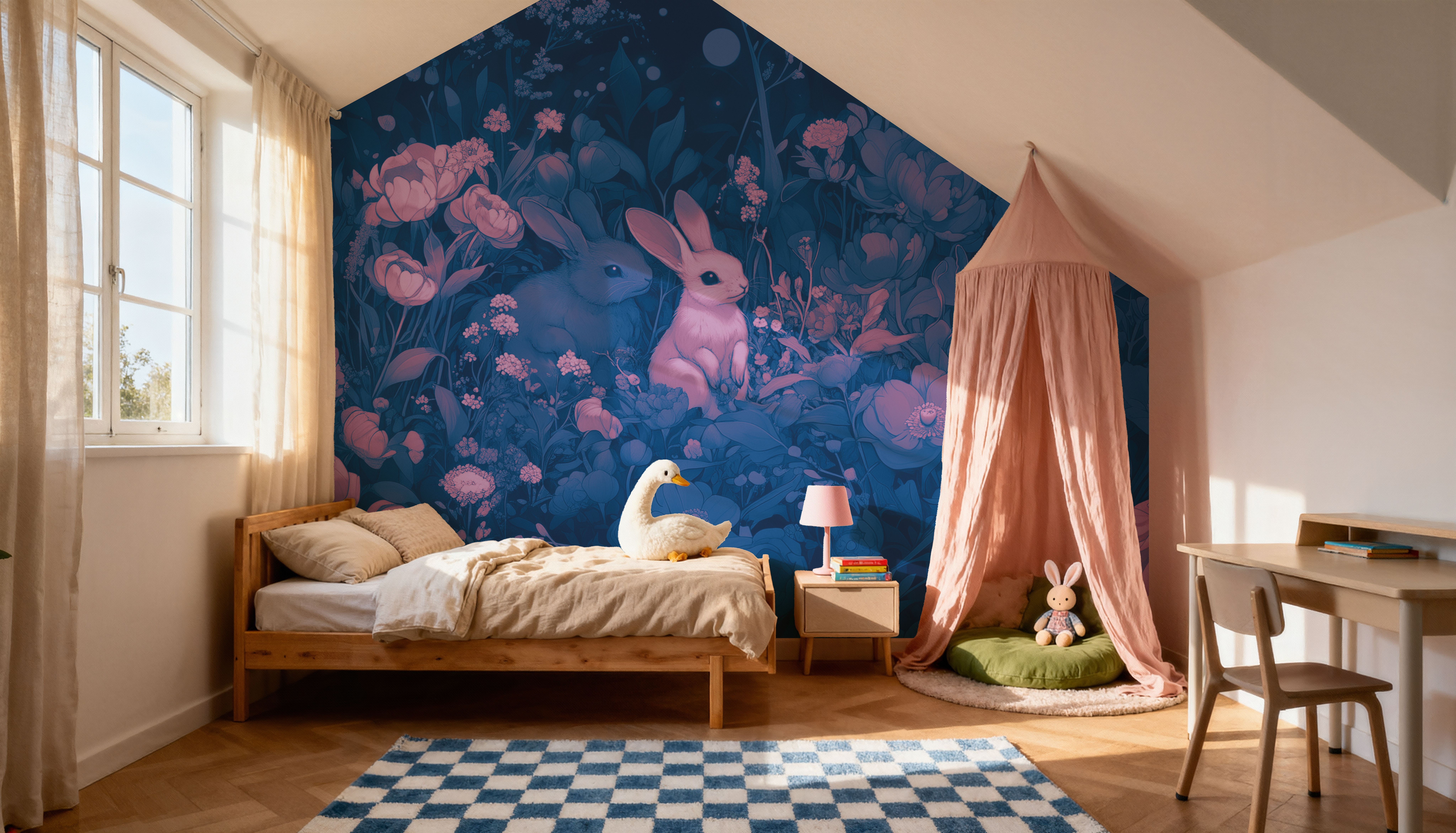 Tapeta Rabbit Rabbits Blue Pink mural 100% PVC-fri och giftfri