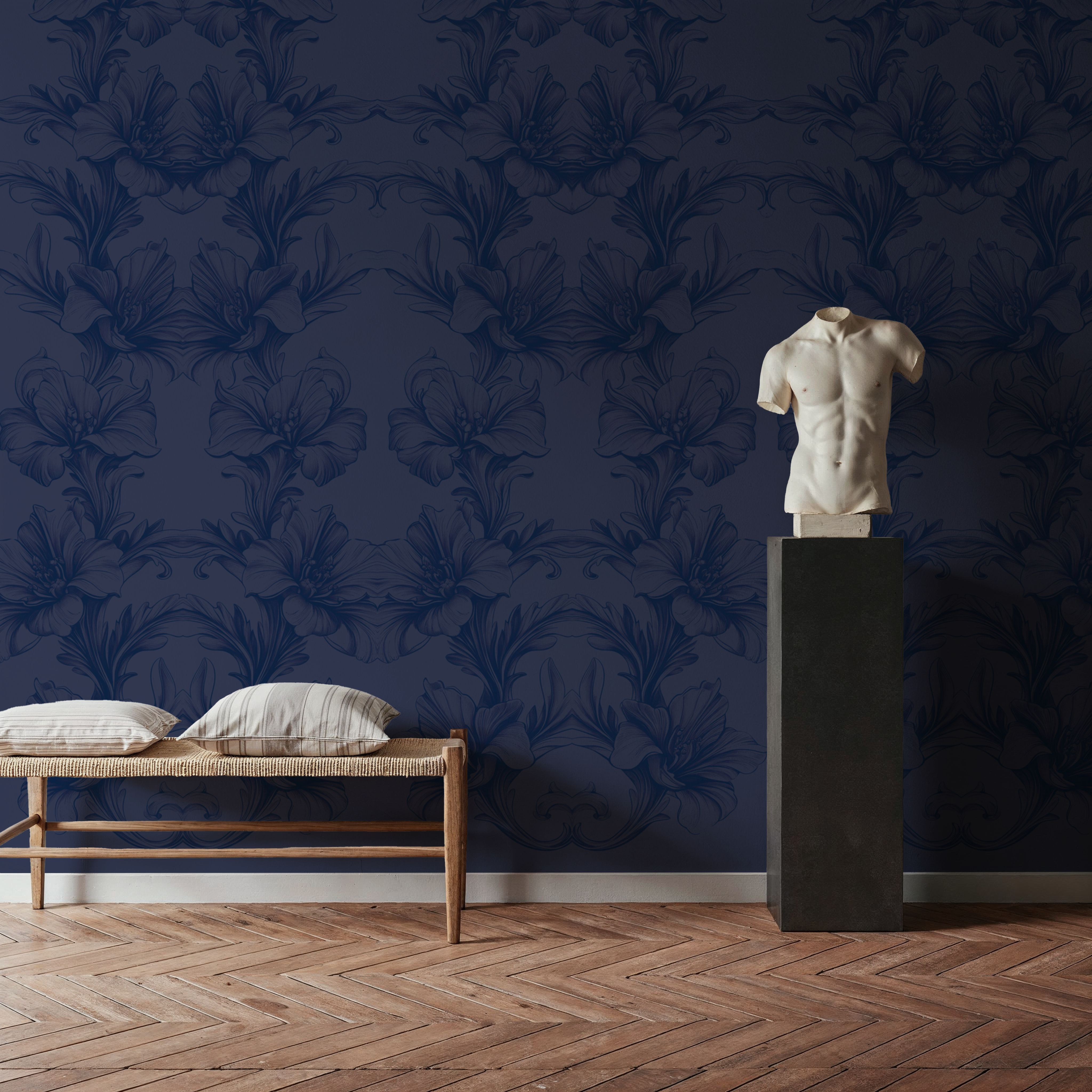 Wall Mural - Flower Bridges Blue - Chintz Toile de Jouy mural wallpaper - Blue - Bedroom - Wallism US - Premium, Textured or Peel & Stick