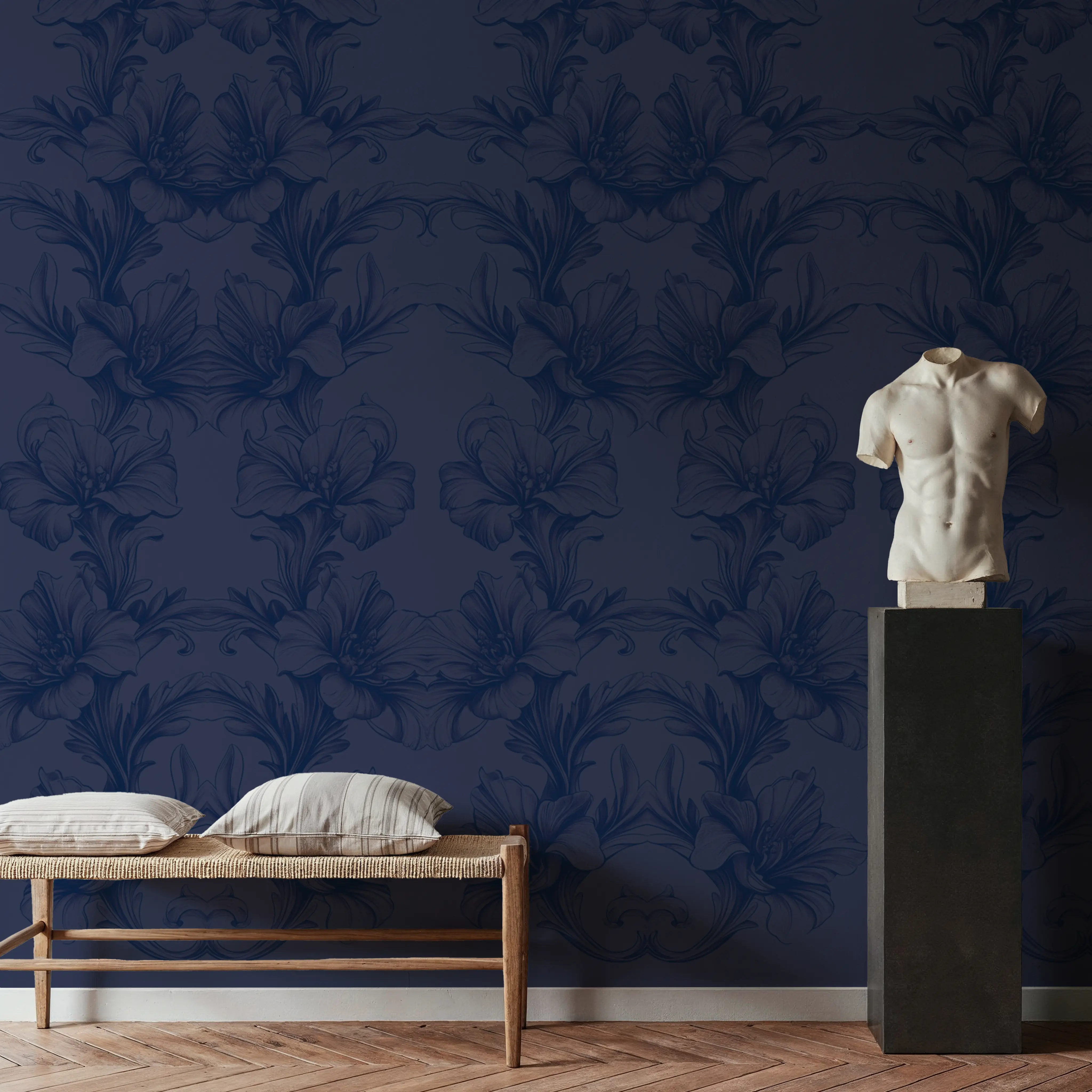 Wall Mural - Flower Bridges Blue - Chintz Toile de Jouy mural wallpaper - Blue - Bedroom - Wallism UK - Peel & Stick or Paste-the-Wall