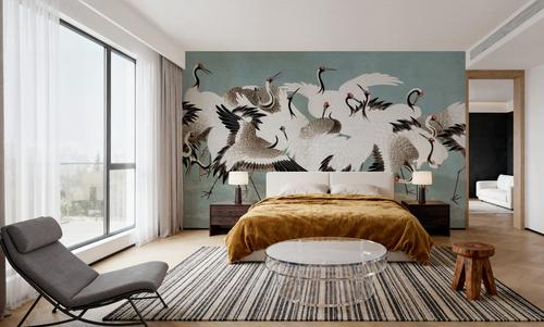 Japanese Flock of Cranes, Calm Ocean