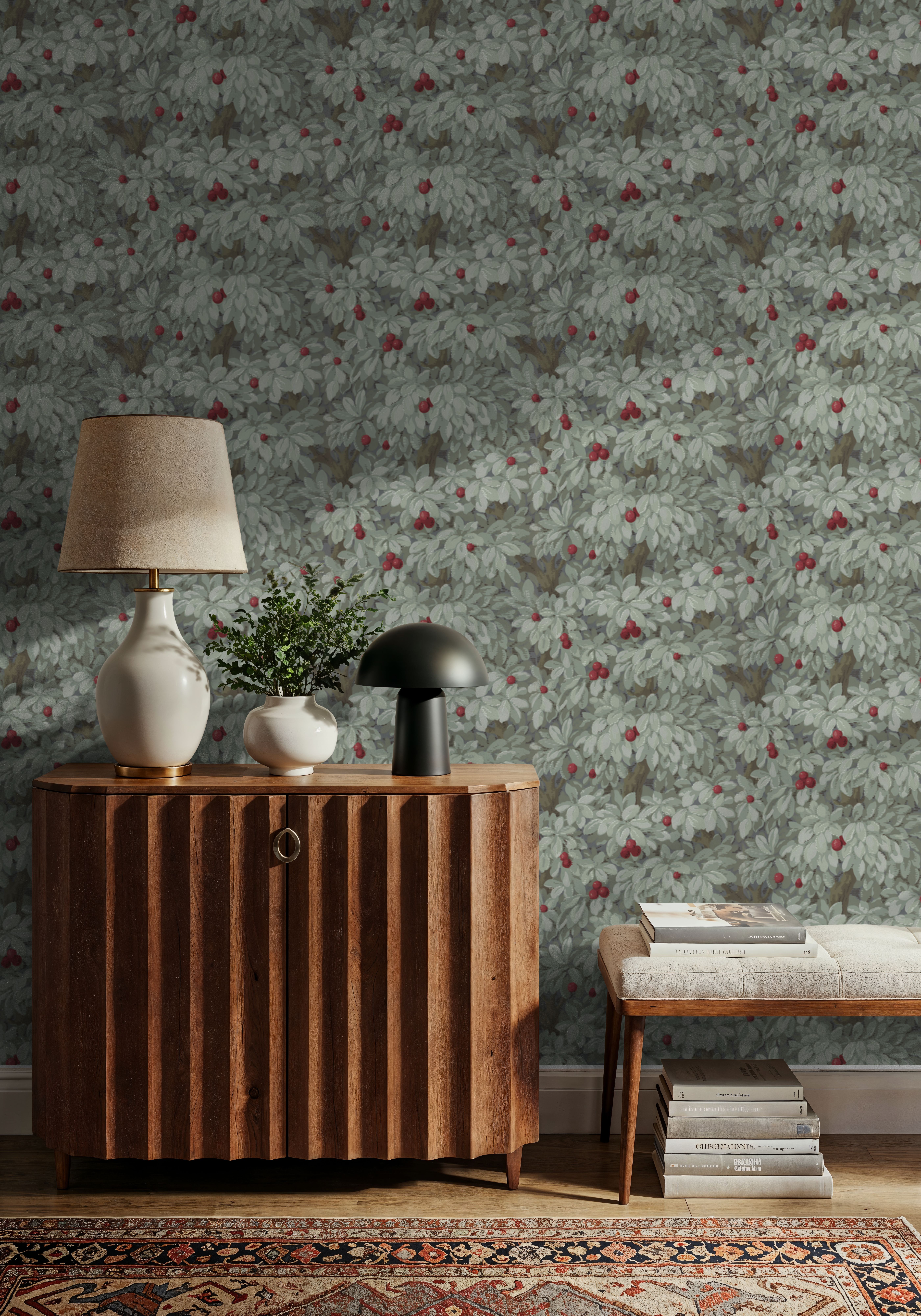 Fruit Tree Bower, Crimson on Green