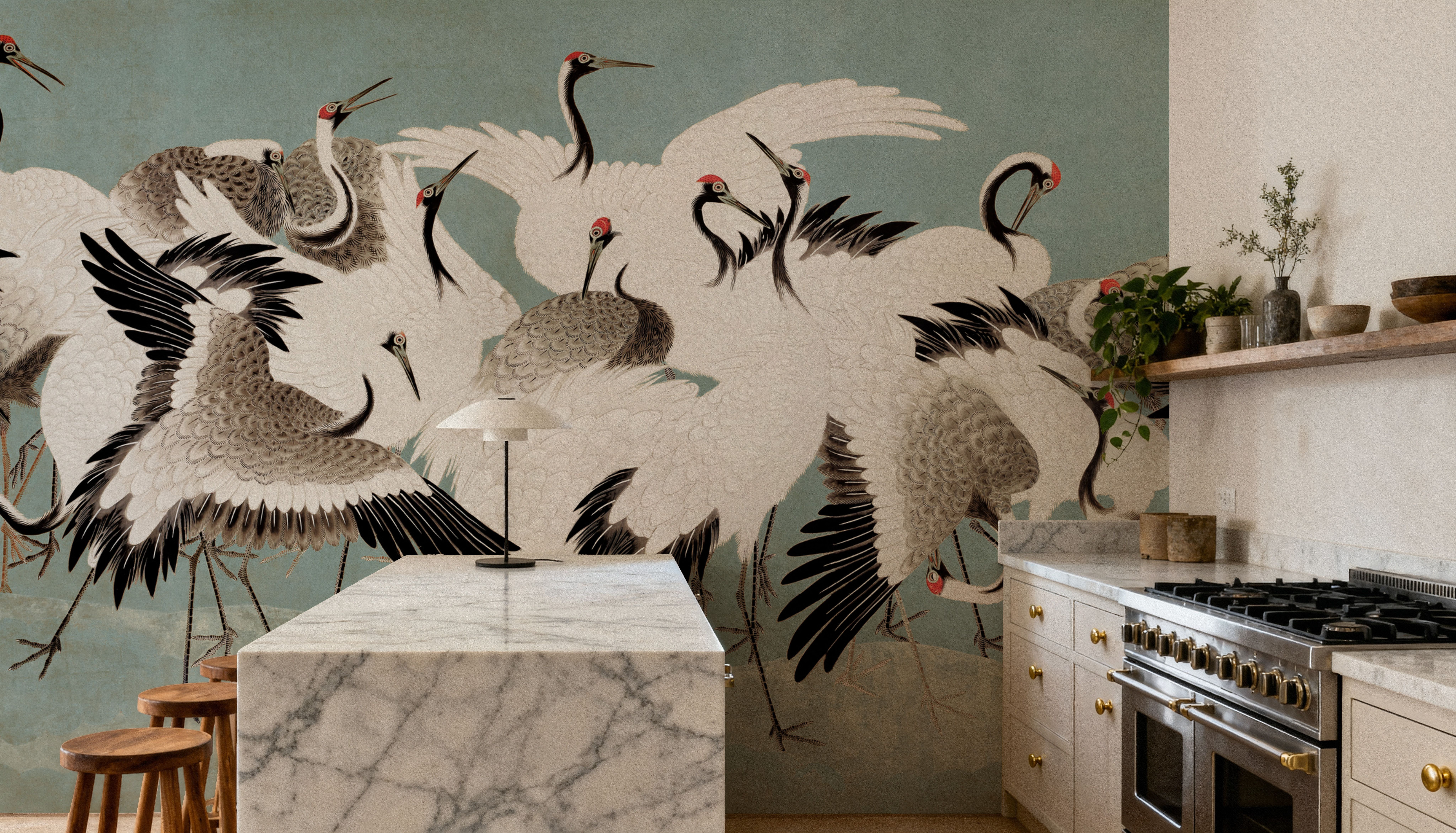 Japanese Flock of Cranes, Calm Ocean