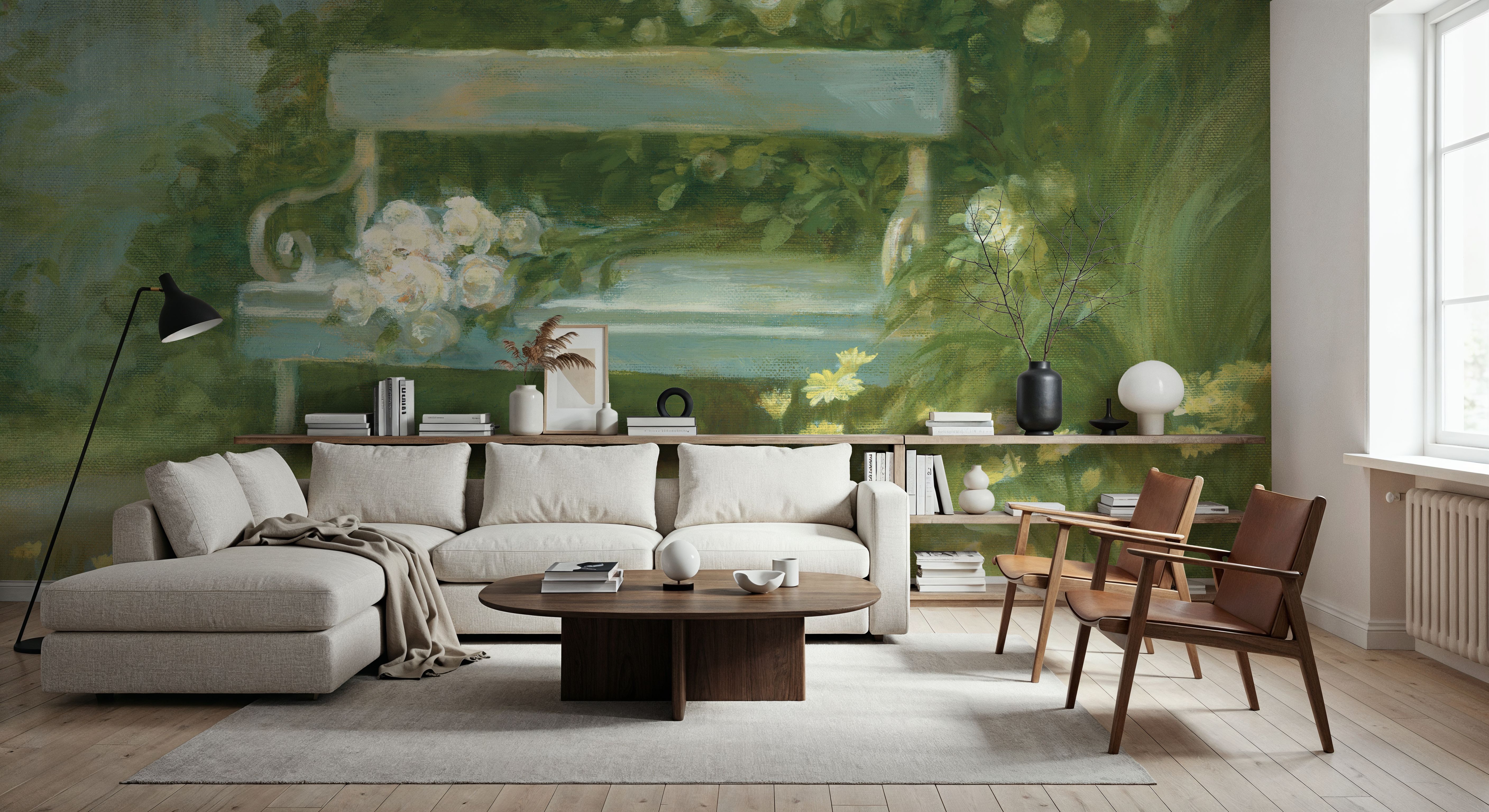 Garden Bench with Rose Bouquet, Wallpaper