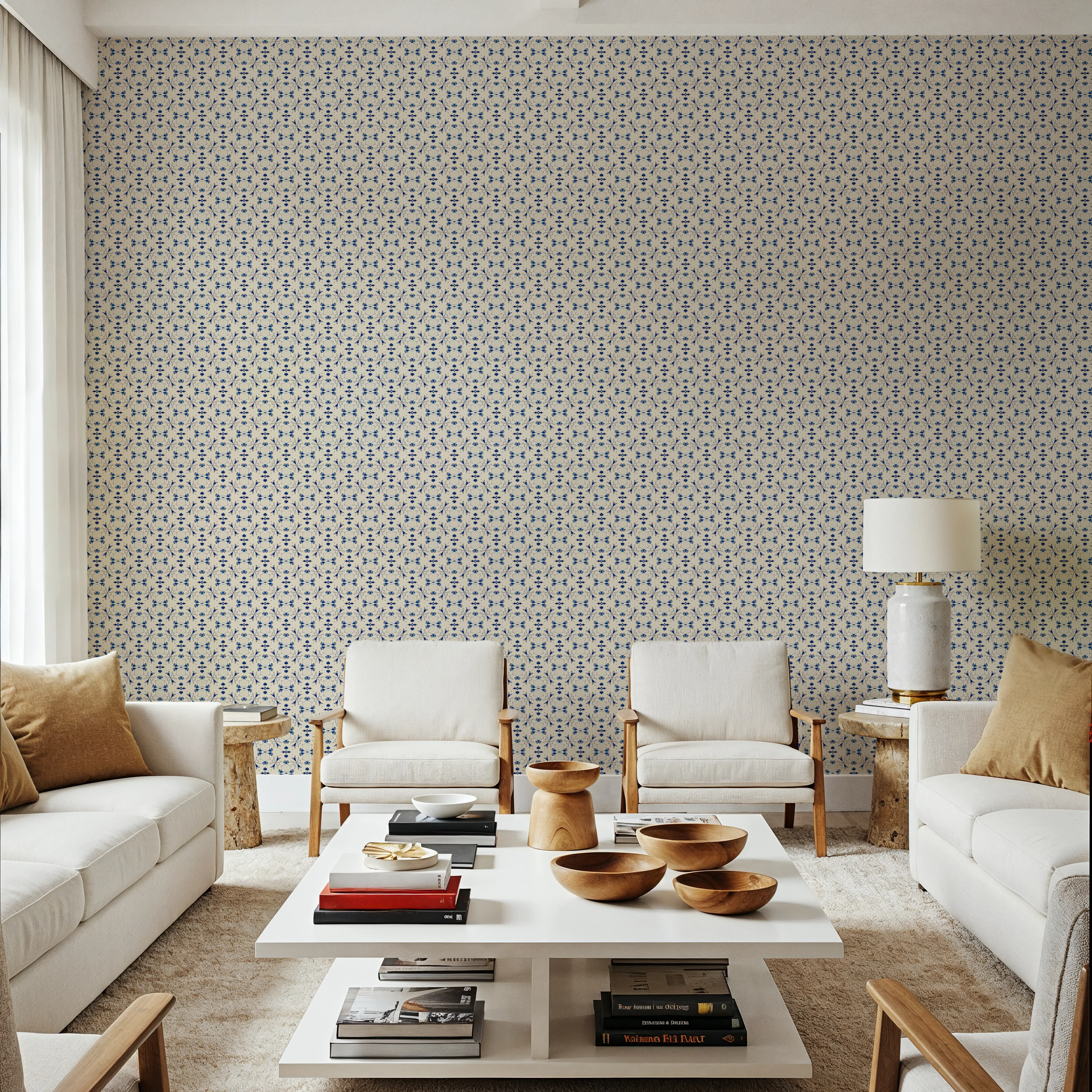 Wallpaper - Nara Queen Of Spades - Folk Toile de Jouy - Blue - Bedroom - Wallism UK - Peel & Stick or Paste-the-Wall