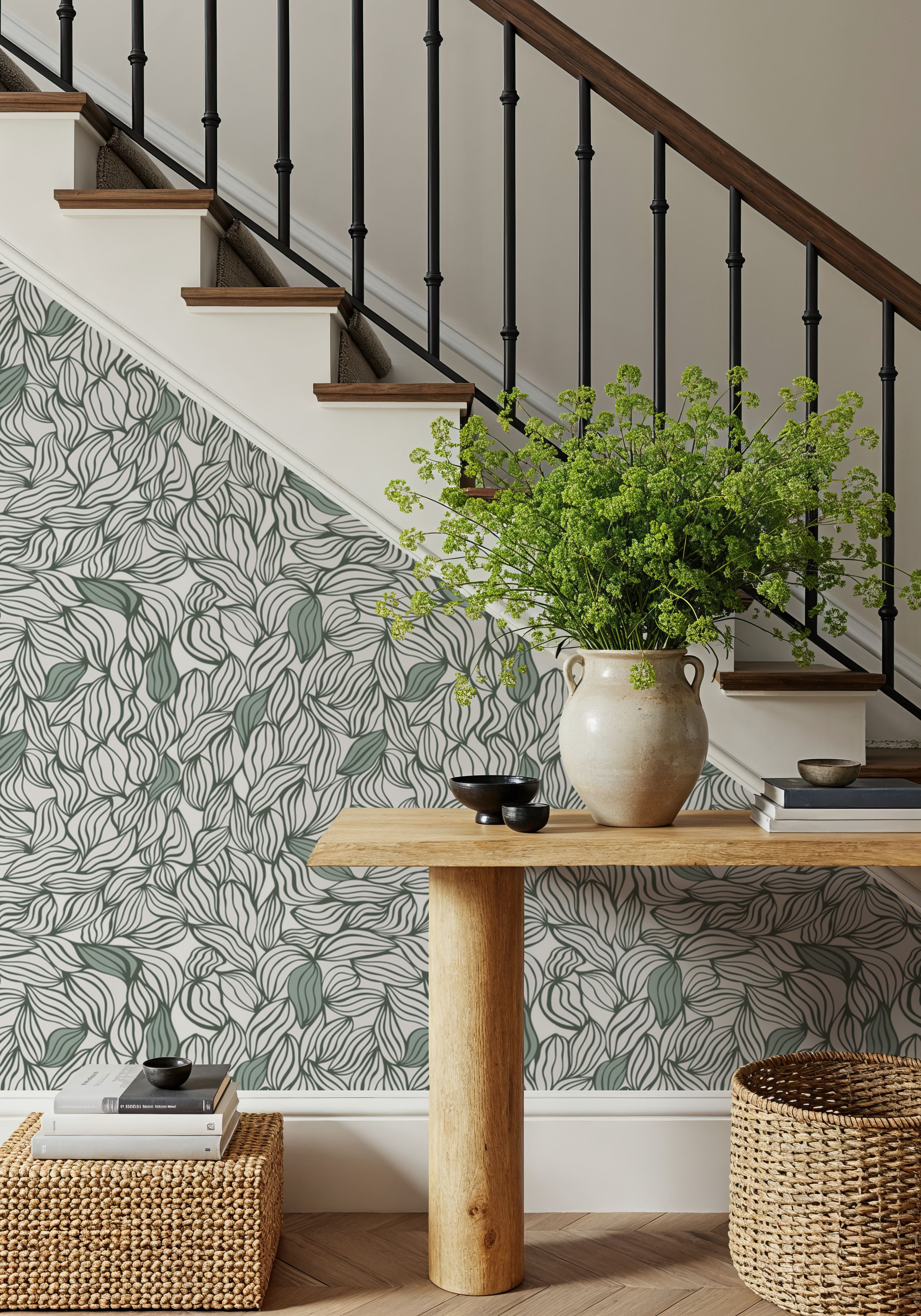 Negative Leaf, Sage, Wallpaper