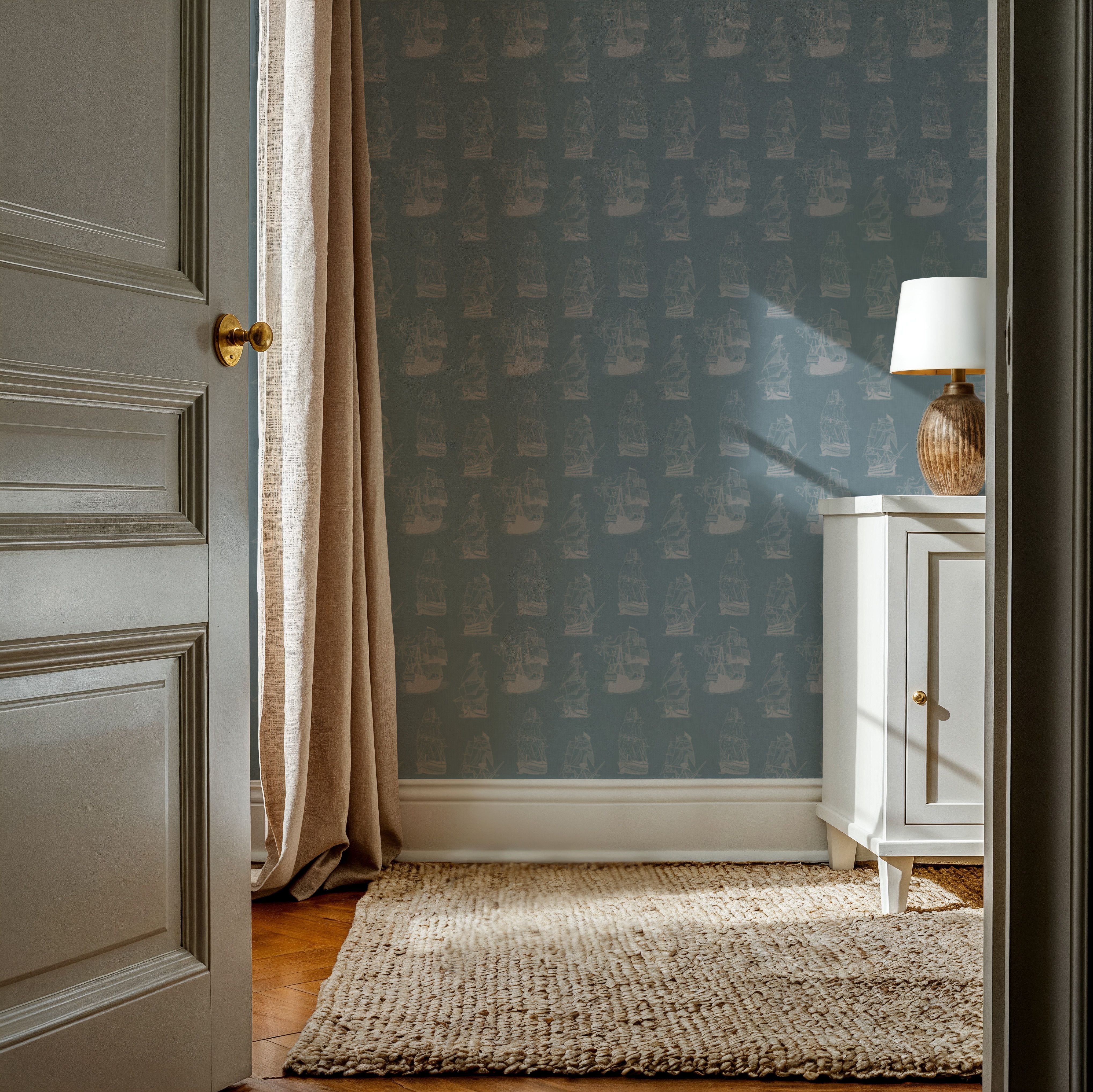 Pirate Ships Steel Blue, Wallpaper