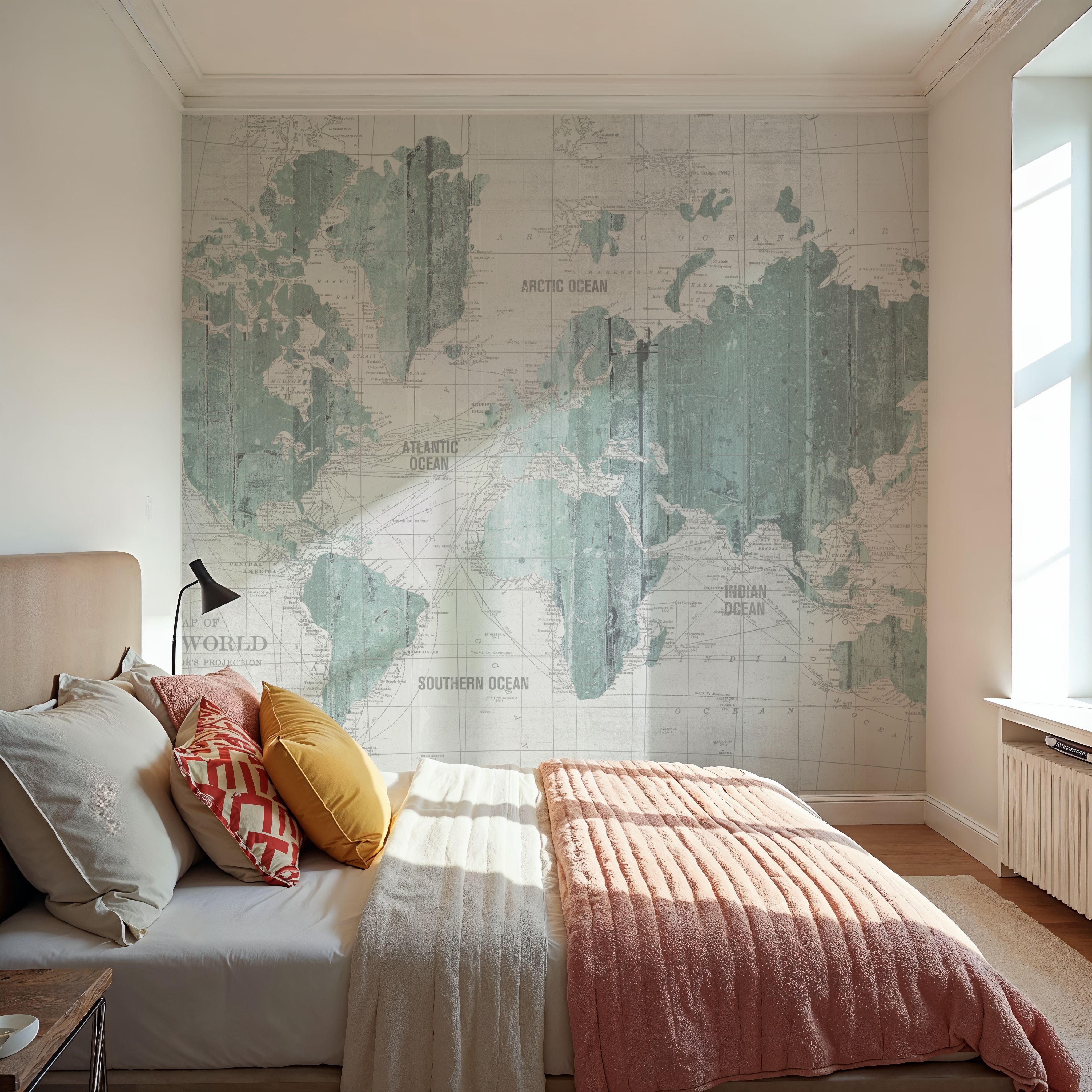 Old World Map Mint Gray