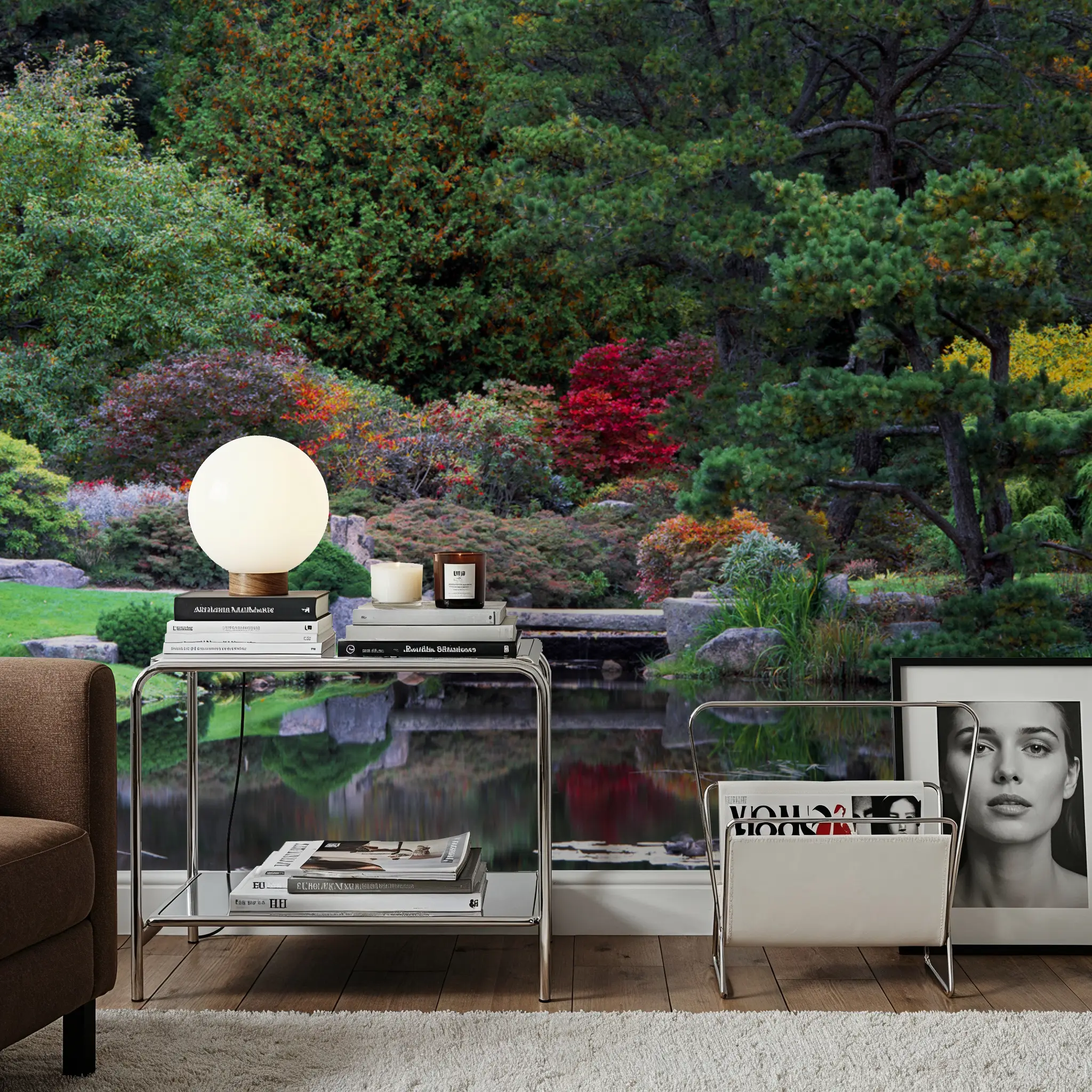Wall Mural - Autumn Bridge Reflection - Foliage Nature mural wallpaper - Green - Bedroom - Wallism UK - Peel & Stick or Paste-the-Wall