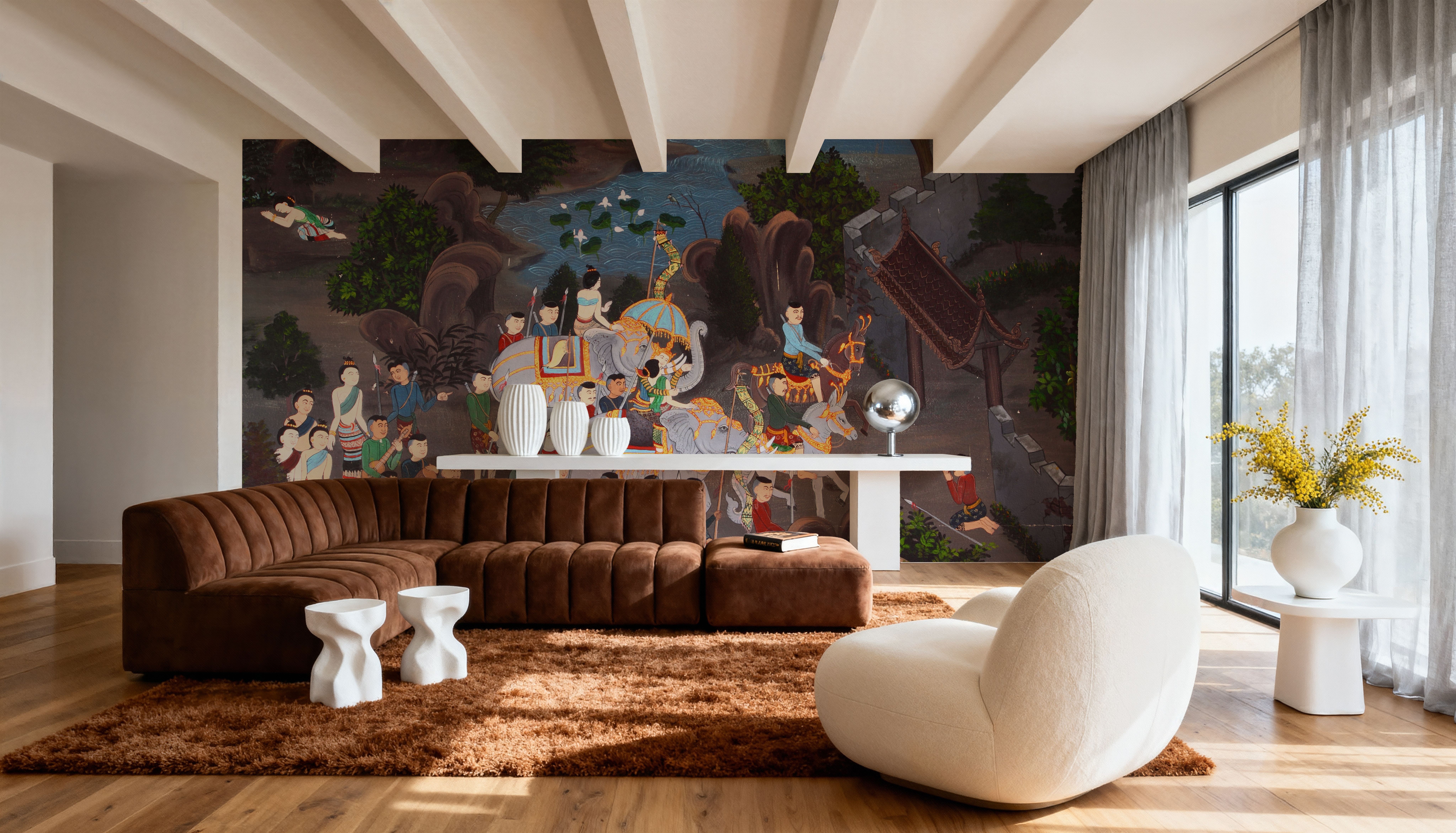 Elephant Procession to The Temple, Thai Painting