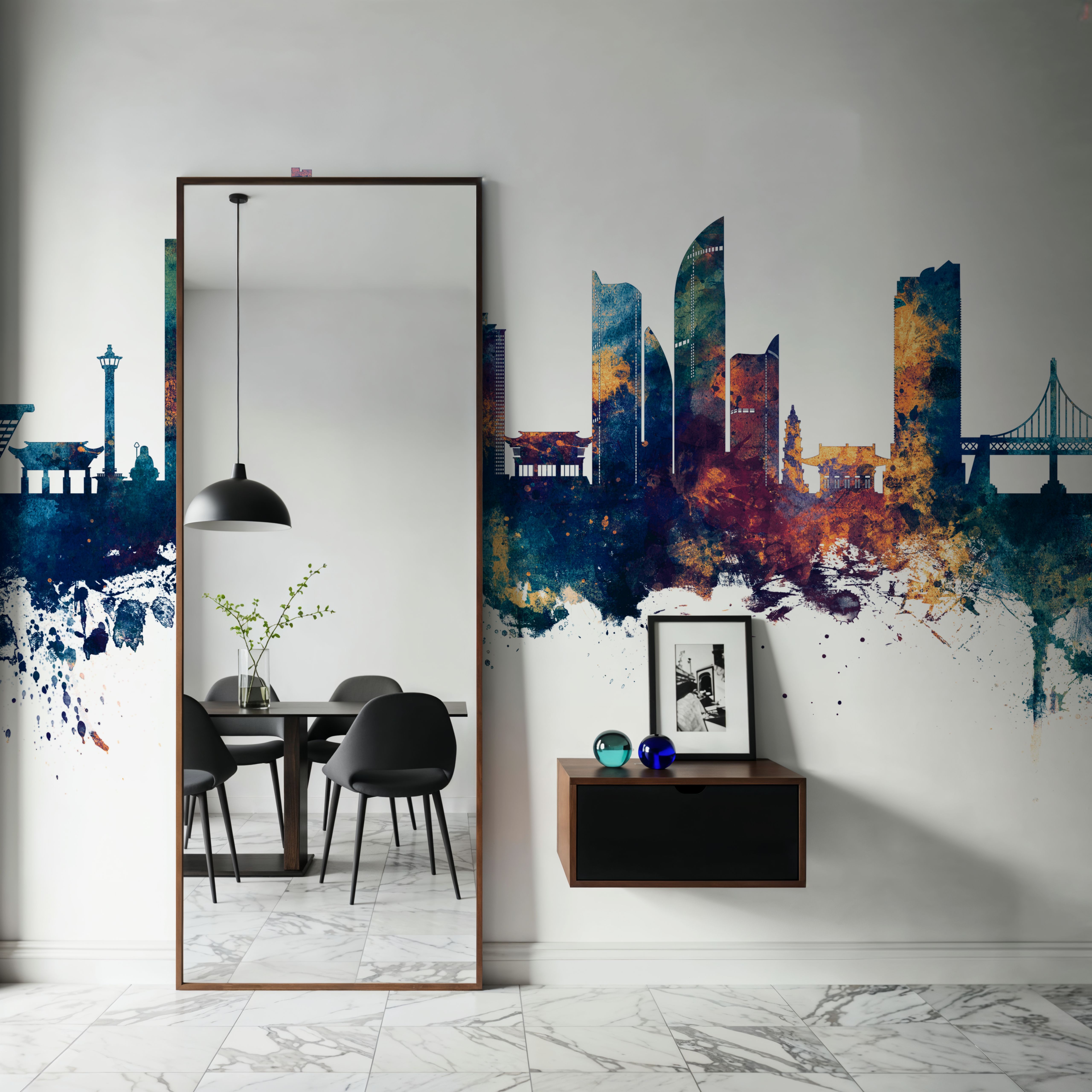 Wall Mural - Busan South Korea Skyline Blue & Bronze - Graphics mural wallpaper - Bedroom - Wallism UK - Premium, Textured or Peel & Stick