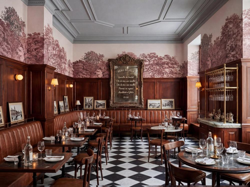 an interior photo of a paris restaurant with classic style and a red tree themed wallpaper on the wall