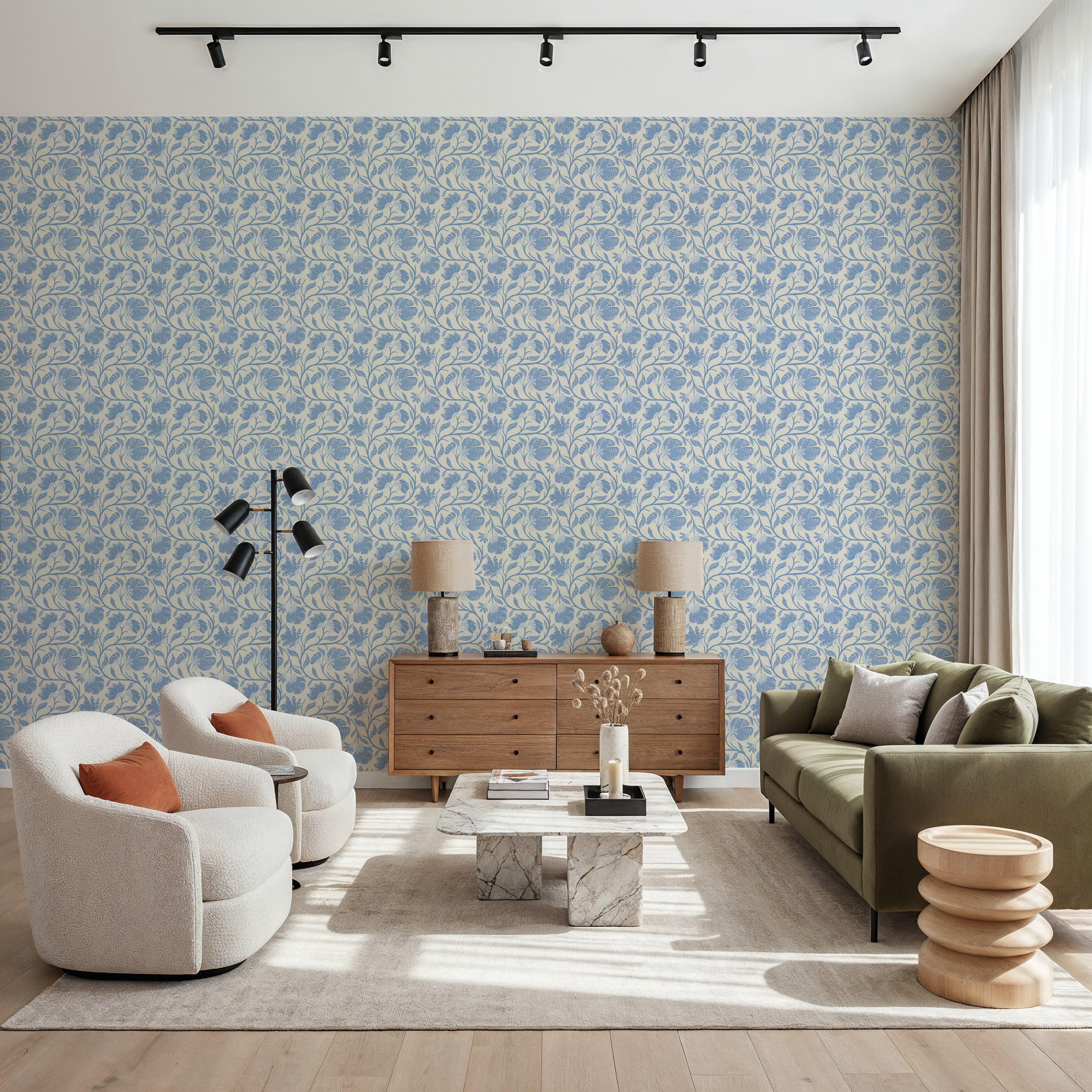 Indial Floral, Baby Blue on Cream