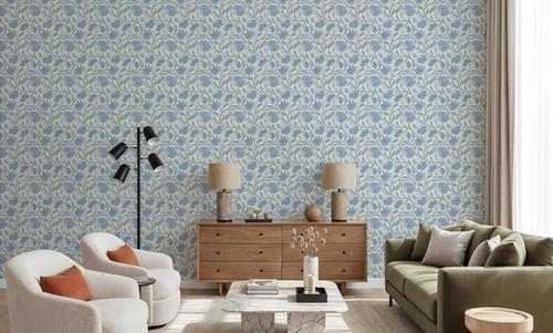 Indial Floral, Baby Blue on Cream