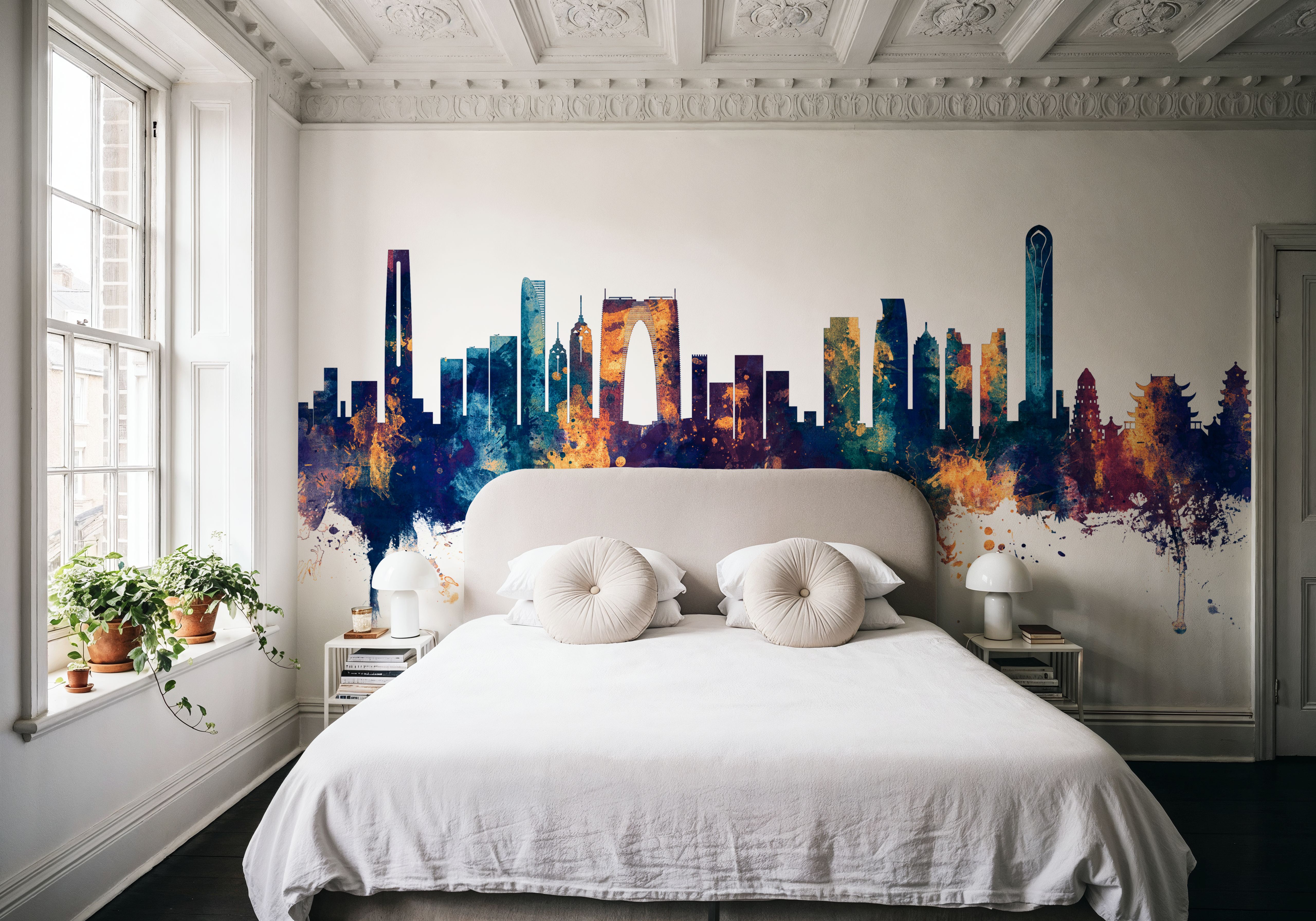 Suzhou China Skyline Blue & Bronze, Wallpaper