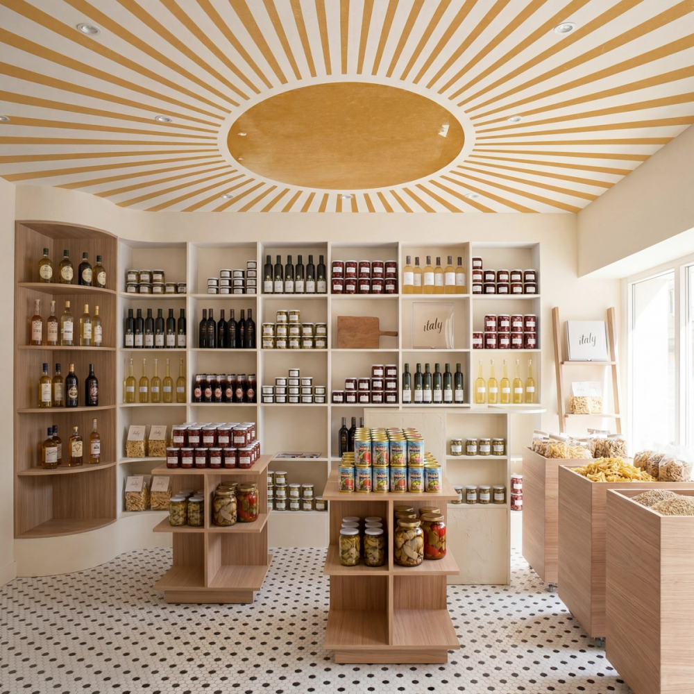 a minimalistic grocery store interior with a sun wallpaper mural in the ceiling