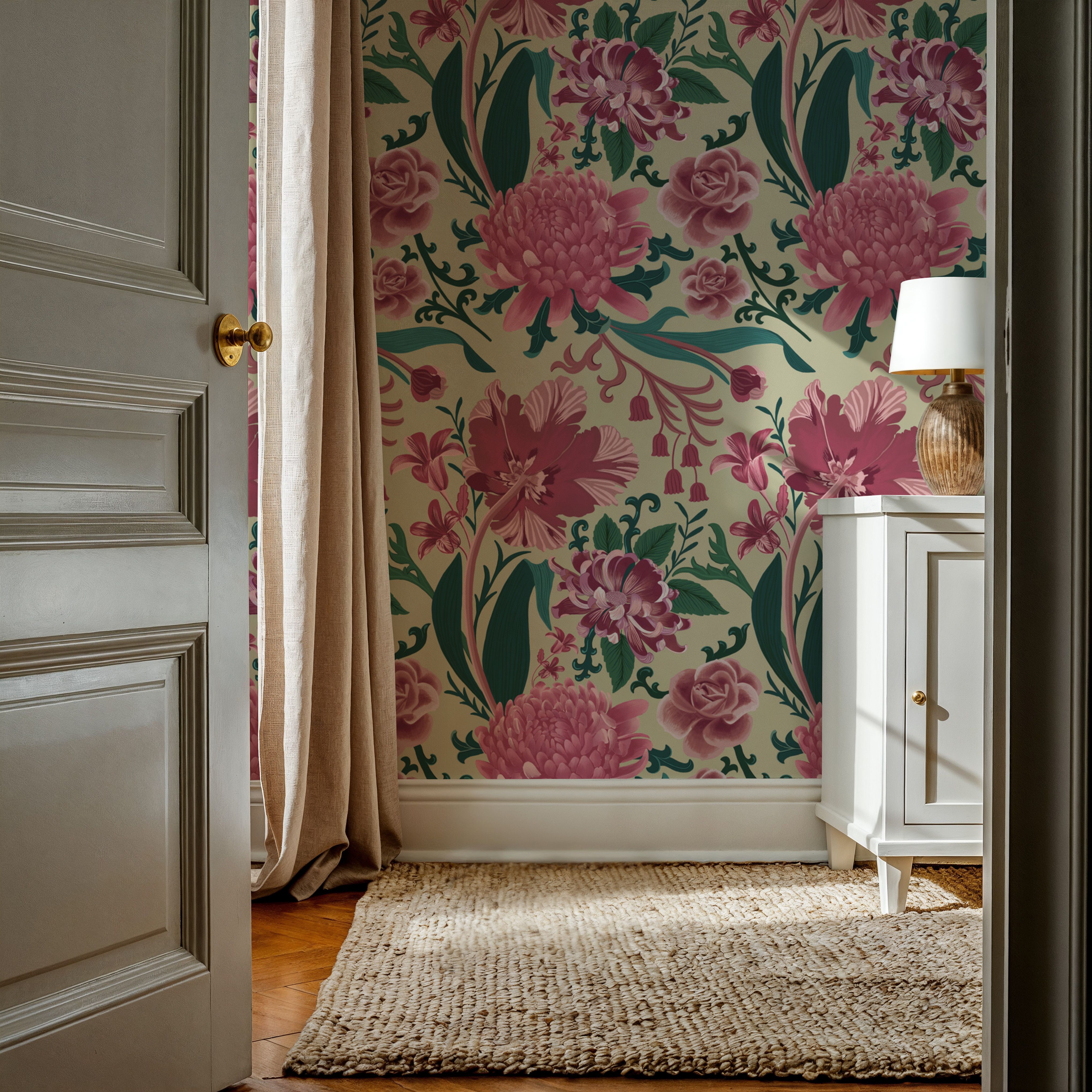 Rococo Chysatemums, Pink on Pale Green, Wallpaper