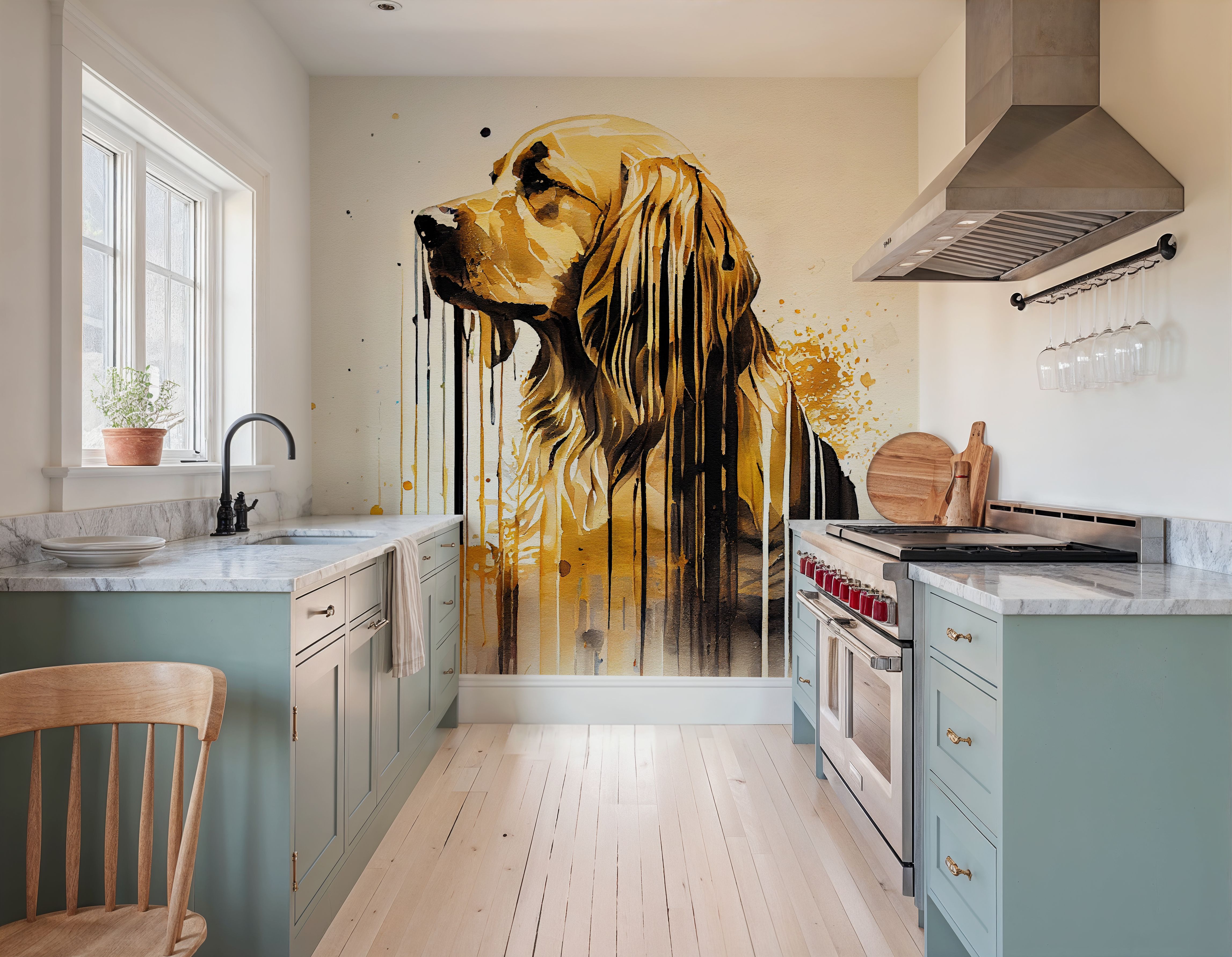 Wall Mural - Watercolor Golden Retriever - Contemporary Animals mural wallpaper - Yellow - Dining Room - Wallism UK