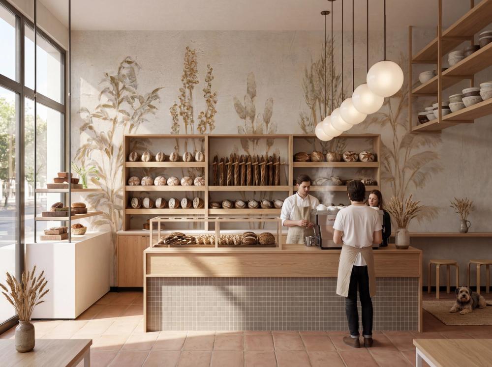 an interior photo of a bakery with a painted wall mural of cereal plants