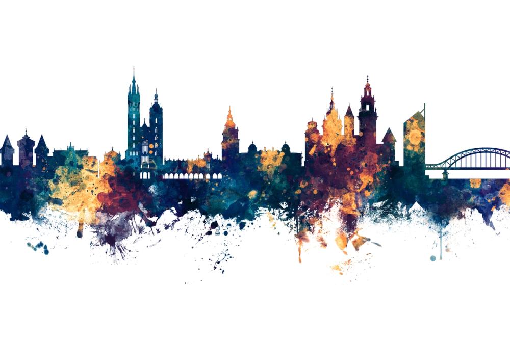 Krakow Skyline Blue & Bronze