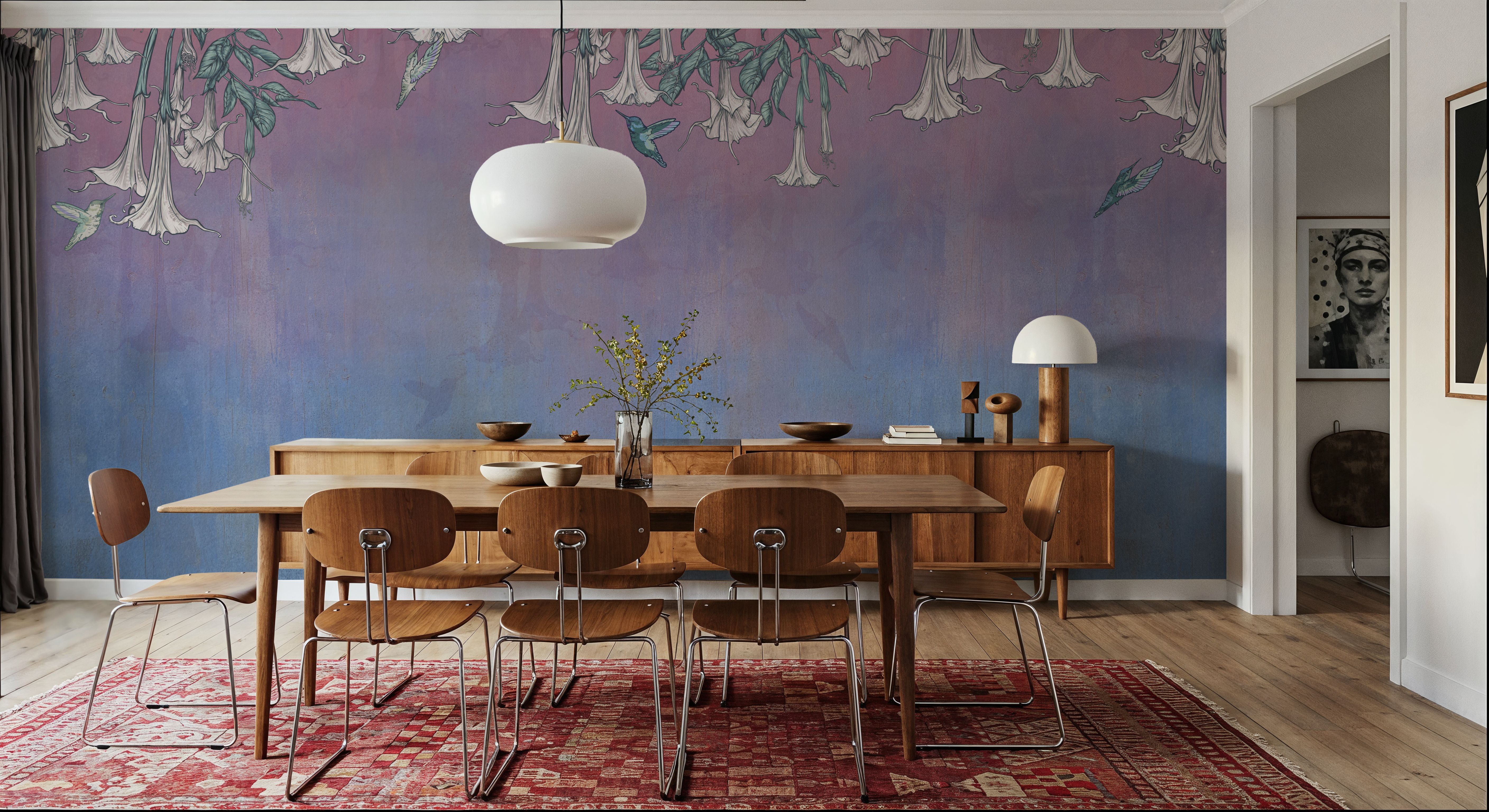 Hummingbirds and Trumpets Pink Blue, Wallpaper