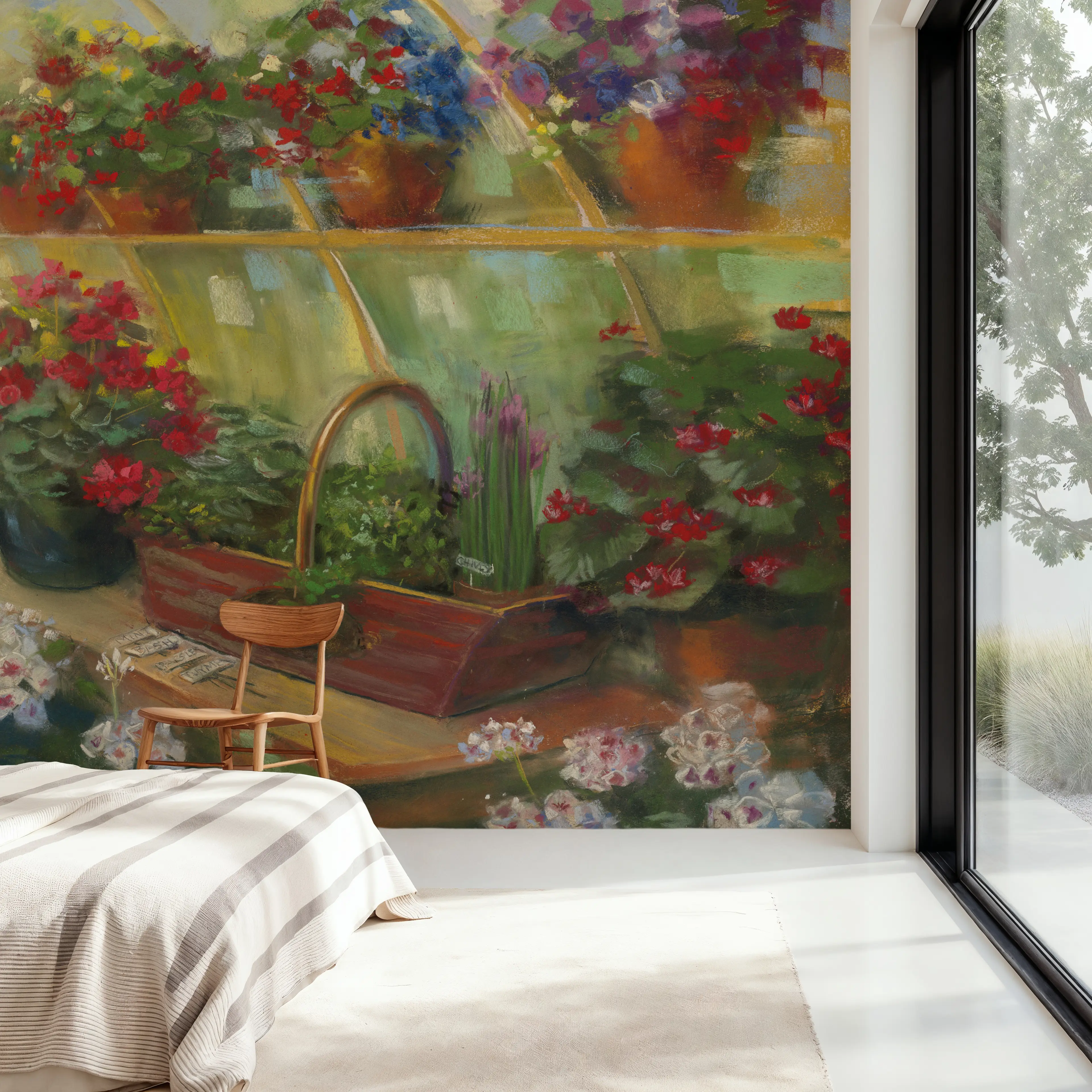Fotobehang - Greenhouse Herbs - Hedendaagse Kunst Bloemen Mural - Groen - Kantoorruimtes - Wallism België - Zelfklevend of Vliesbehang
