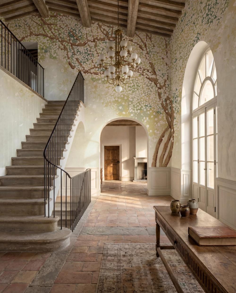 An hotel entrace hall in a tuscan villa with a large cherry blossom tree mural on the wall