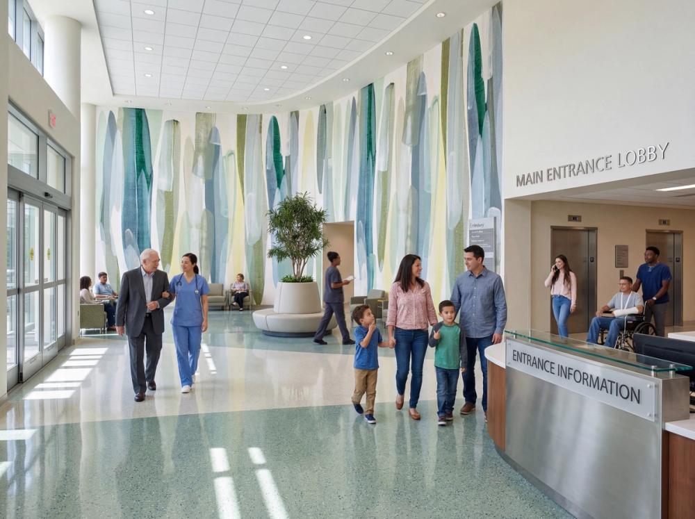 an interior photo of the entrance hall at a hospital. the main wall has an abstract wallpaper mural in blue hues